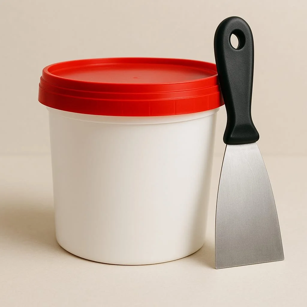 Barattolo di plastica bianco con coperchio rosso e spatola di metallo con manico nero