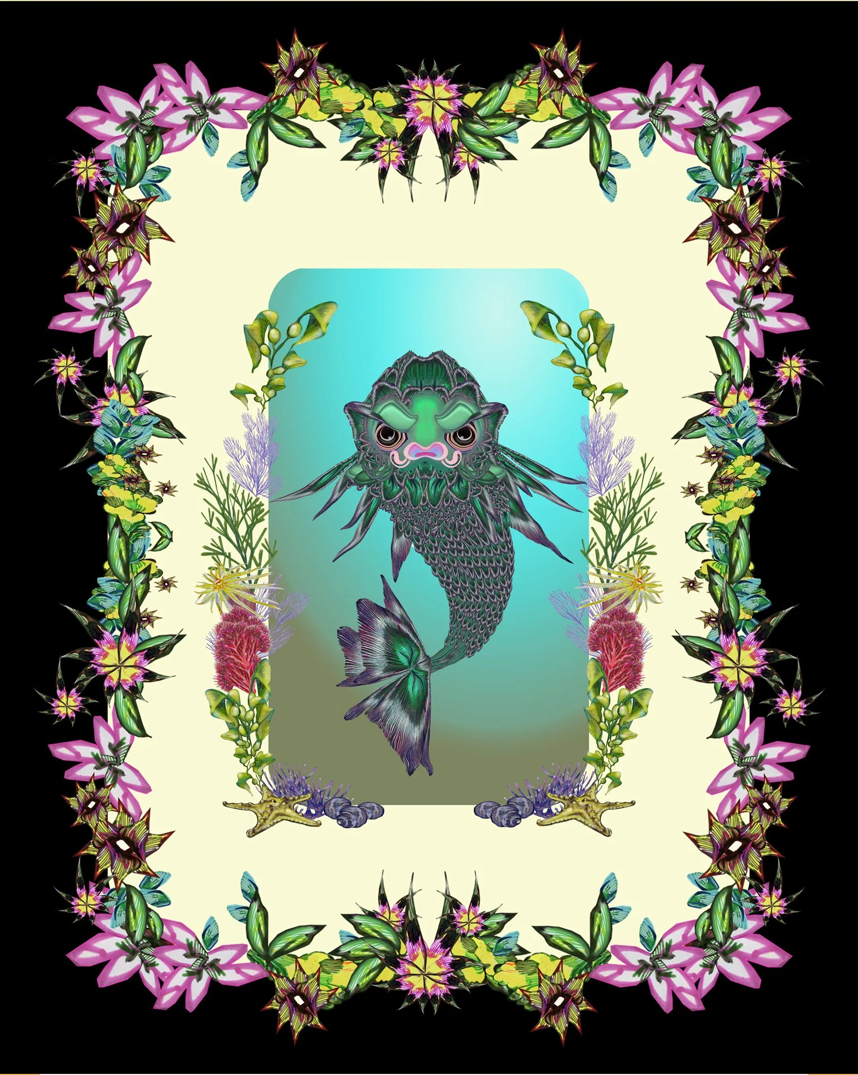 A digital illustration of a mythical fish with a lion's face, mandarin dragon design, surrounded by a floral frame with various flowers and leaves on a black background.