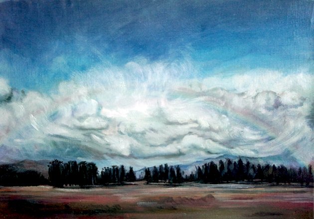 A landscape painting of a wide sky with dramatic, large white clouds, a hint of rainbow colors, a line of dark trees, and an open field below.