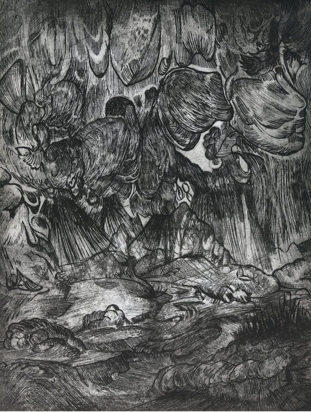 A detailed black and white drawing of Jesus Christ crucified on the cross, surrounded by clouds and angels, with a somber and intense expression.