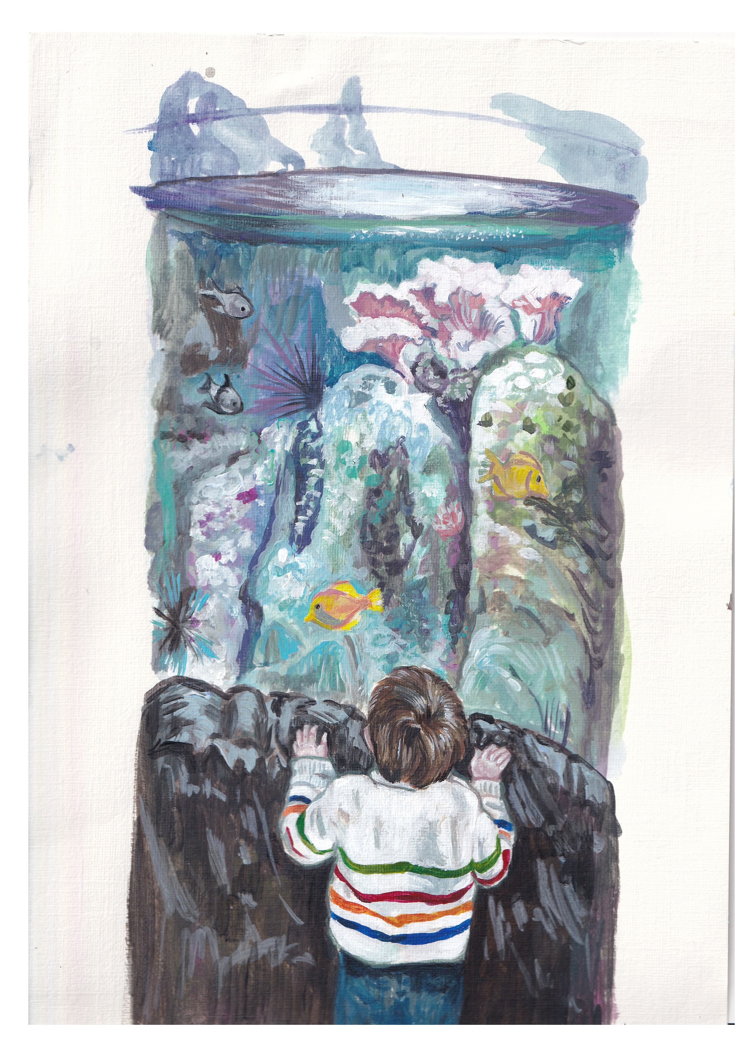 A young child with a striped sweater viewing an aquarium tank with colorful fish and coral.