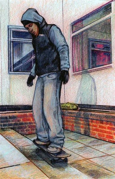 A young person wearing a hoodie, vest, and gloves standing on a skateboard indoors.