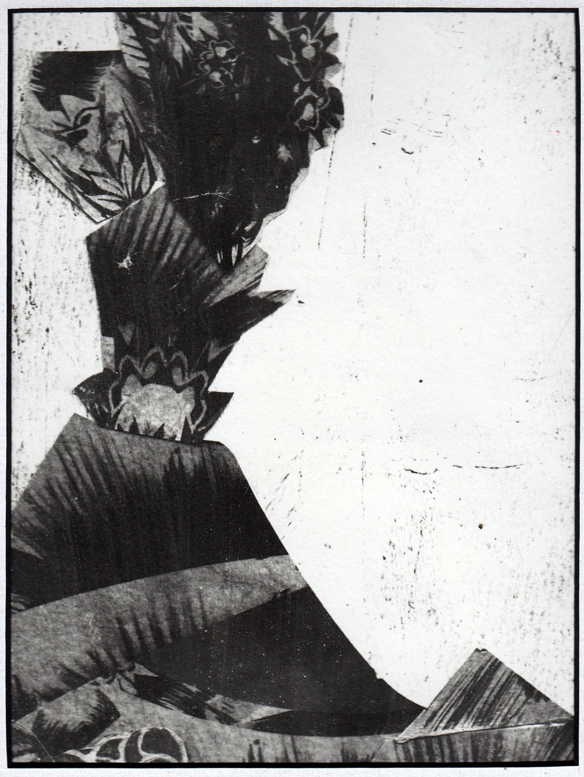 Black and white stencil graffiti of a woman with a floral headscarf, shown in side profile, facing right, on a textured wall.