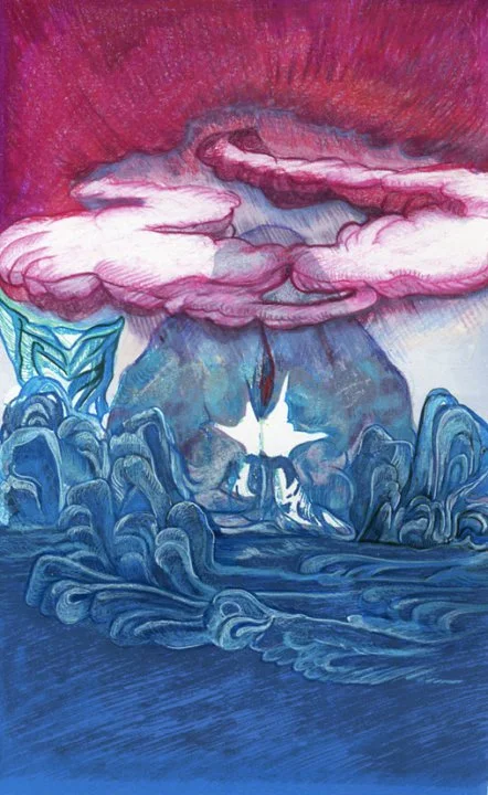 A surreal painting of a volcanic mountain erupting with pink and white clouds, surrounded by blue swirling waves and abstract plant shapes, with a fiery sky in the background.