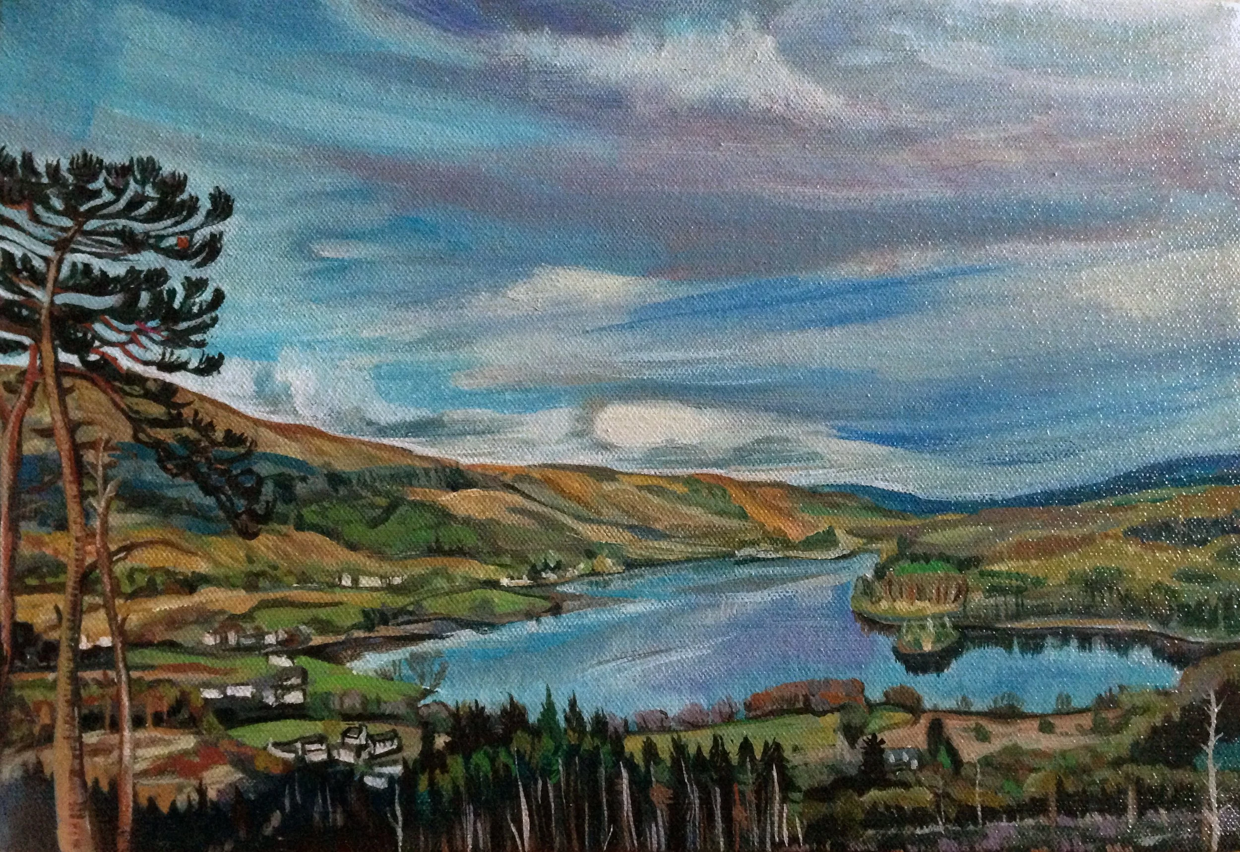 Landscape painting depicting a river flowing through a valley with hills, trees, and a partly cloudy sky.