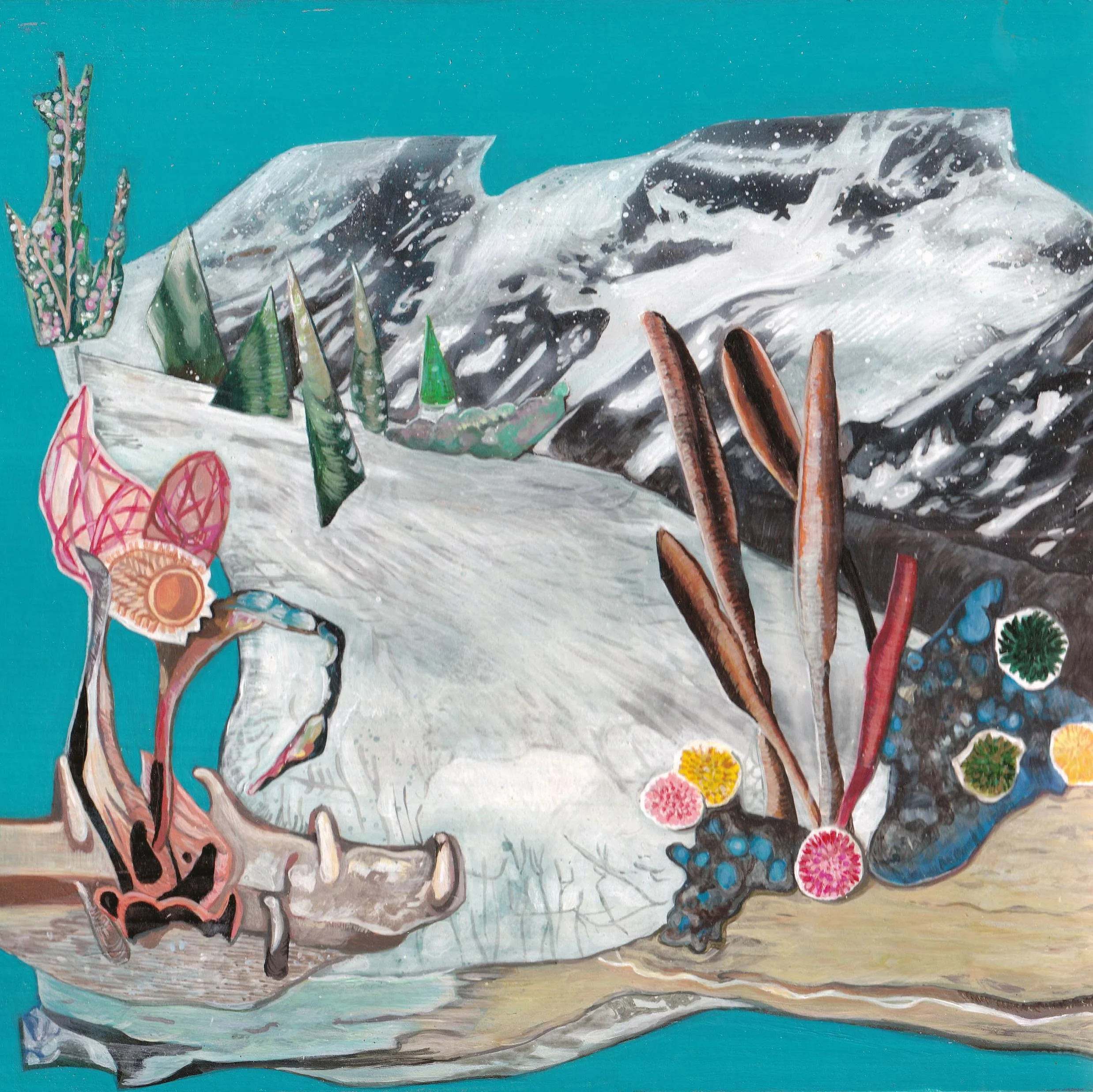 Abstract painting of a mountain landscape with trees, rocks, and colorful foliage in a mix of realistic and stylized elements.