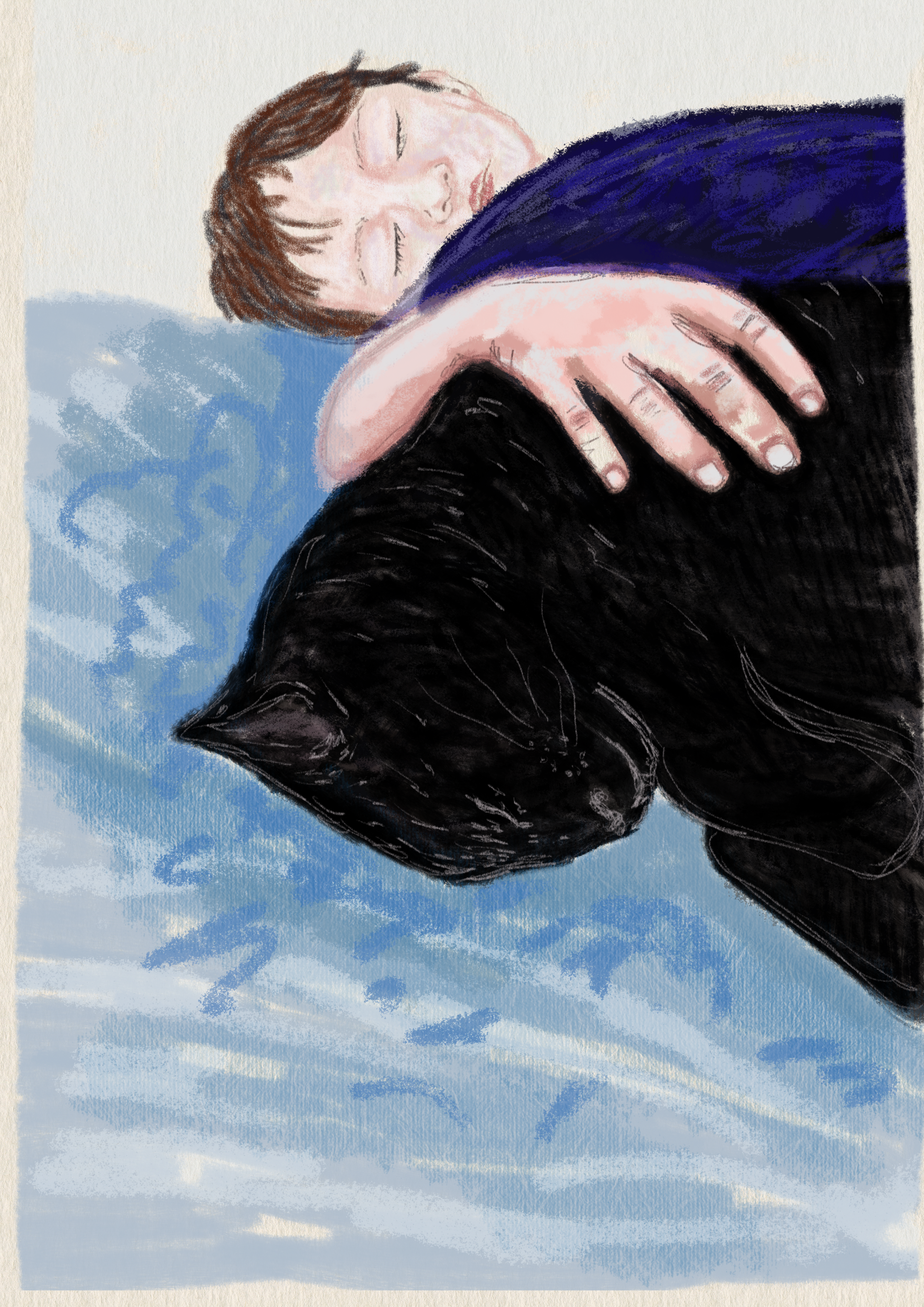 A person with brown hair and closed eyes, sleeping with their head on a blue pillow and arm resting on a black cat.
