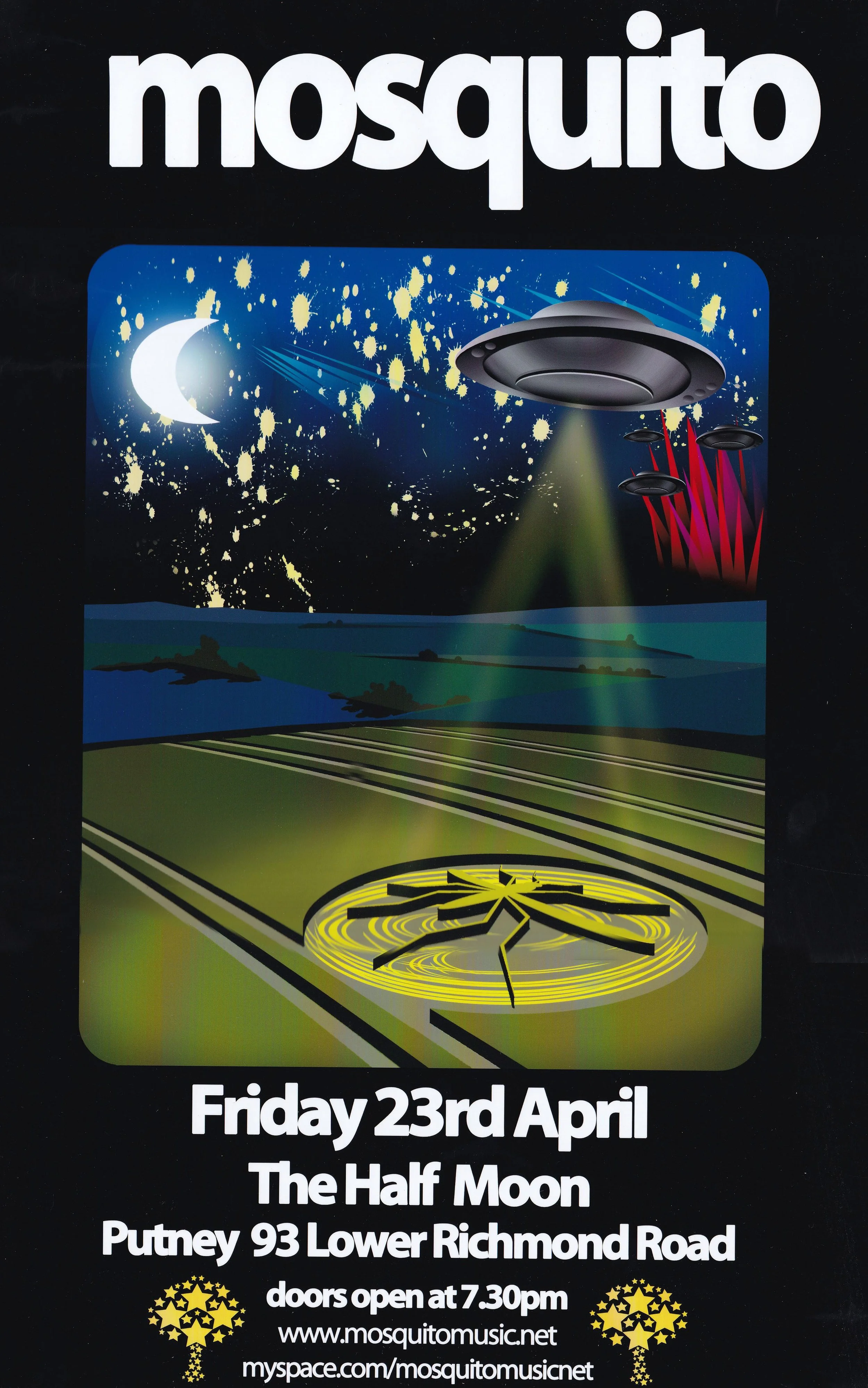 Poster advertising a concert by the band Mosquito on Friday, April 23rd at The Half Moon on Putney 93 Lower Richmond Road. The poster features a surreal landscape with a clock on the ground, a UFO projecting a greenish light, a night sky with a crescent moon and stars, and three smaller UFOs with red light beams. Doors open at 7:30 pm.