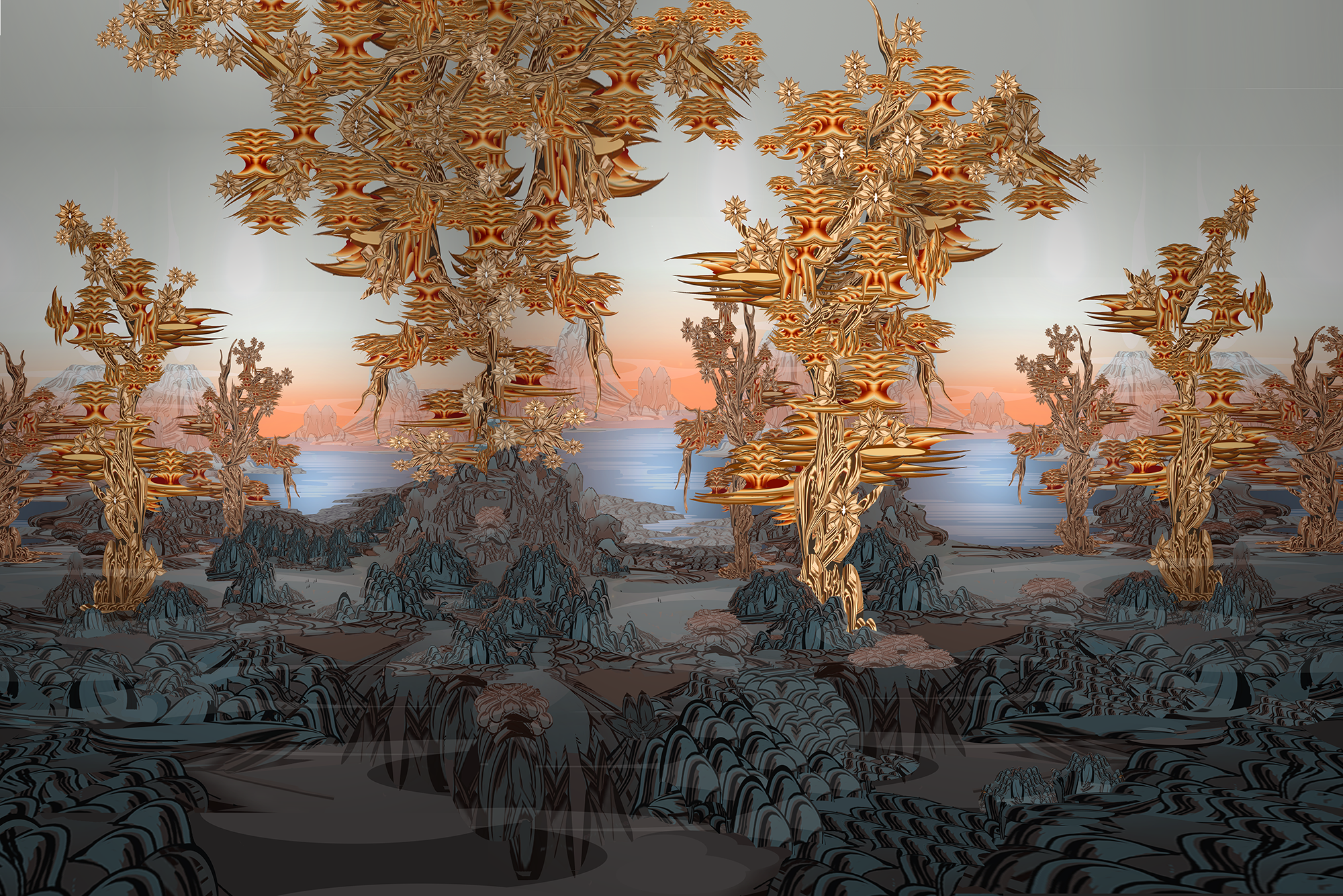 Digital painting of an abstract landscape featuring stylized trees with layered, striped leaves and gnarled trunks, set against a calm body of water and distant mountains under a pastel-colored sky.