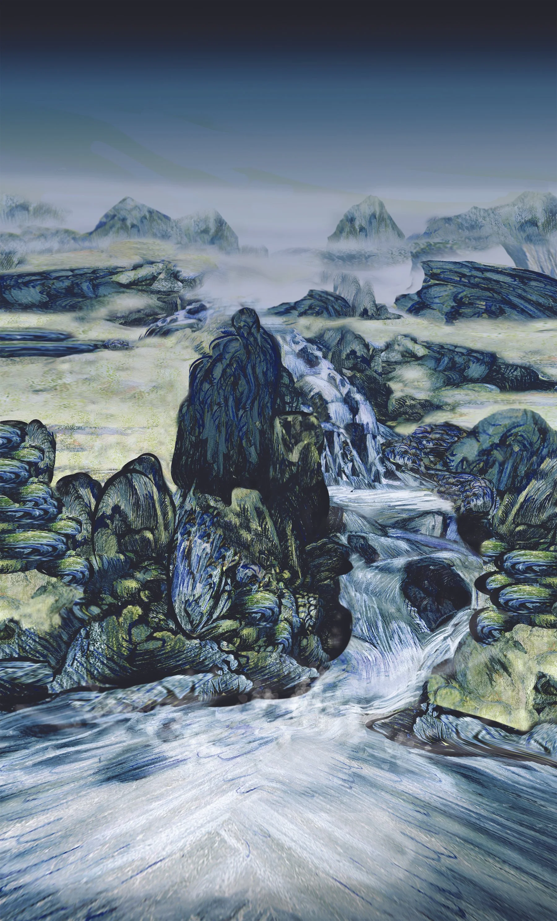 A stylized digital painting of a rugged coastal landscape with rocks, a small waterfall, and distant mountains under a cloudy sky.