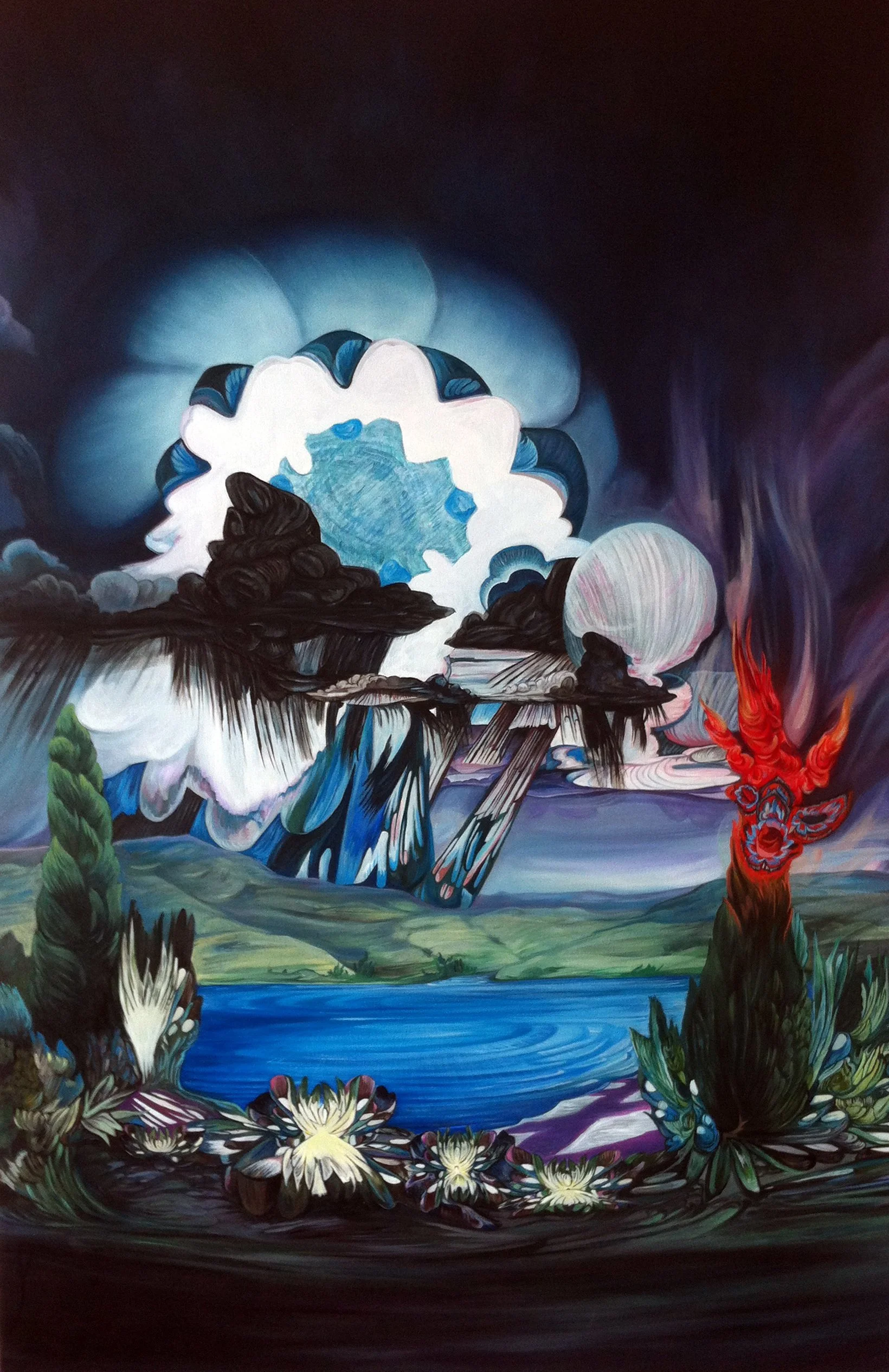 Abstract surreal landscape painting featuring a body of water, mountains, and dramatic cloud formations with vivid colors and distorted shapes.