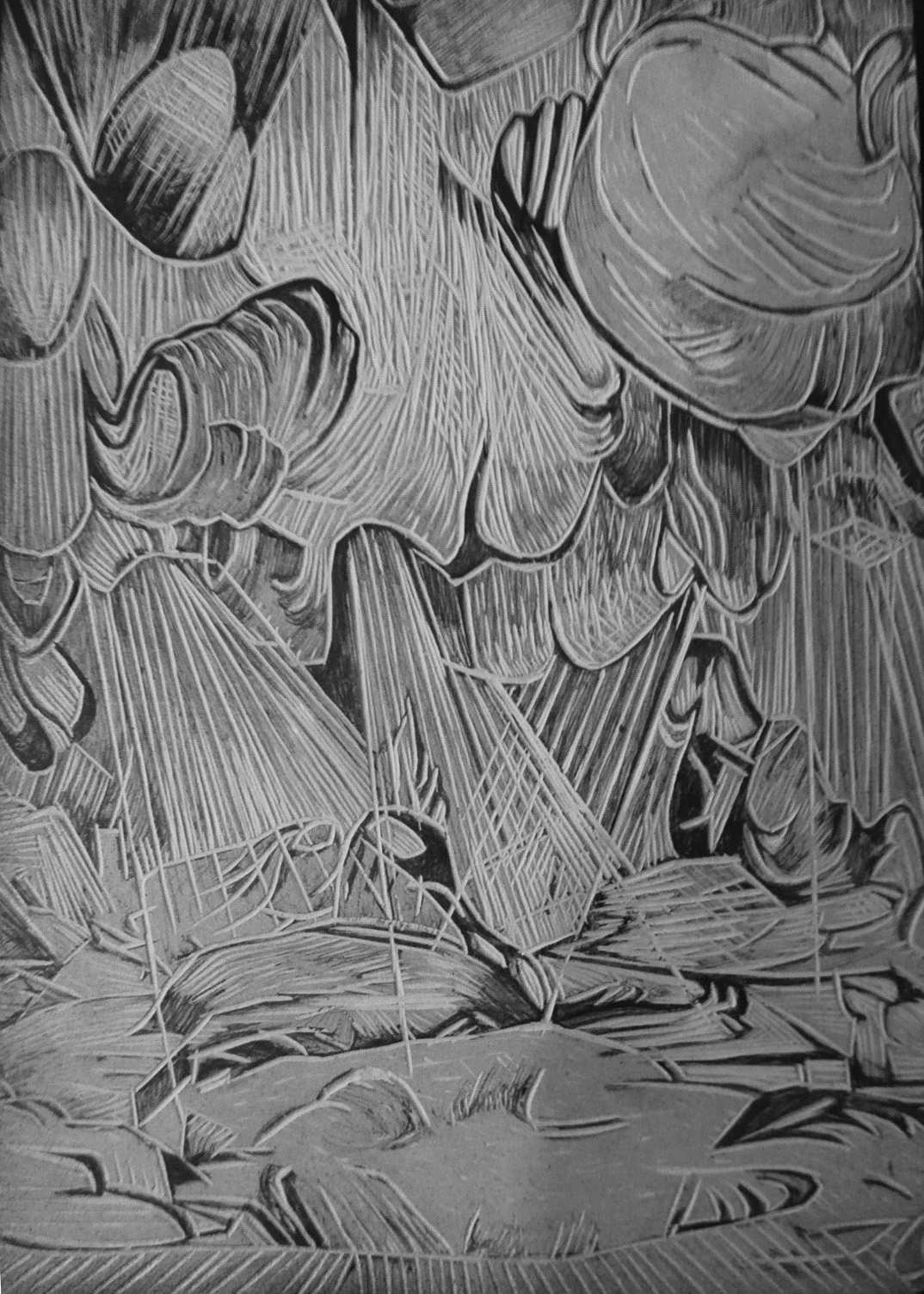 A detailed black and white illustration of a hand holding a pencil, drawing a scene with various geometric and organic shapes.