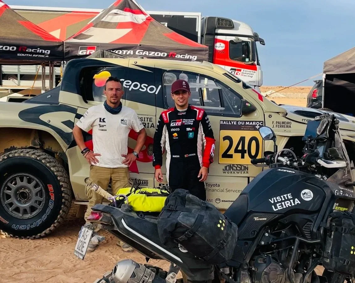João Beltrão founder of Beyond T7nnis with his Yamaha Ténére 700 motorcycle and João Ferreira with is Toyota Hilux Gazoo Racing in Rally du Maroc. Visite Leiria
