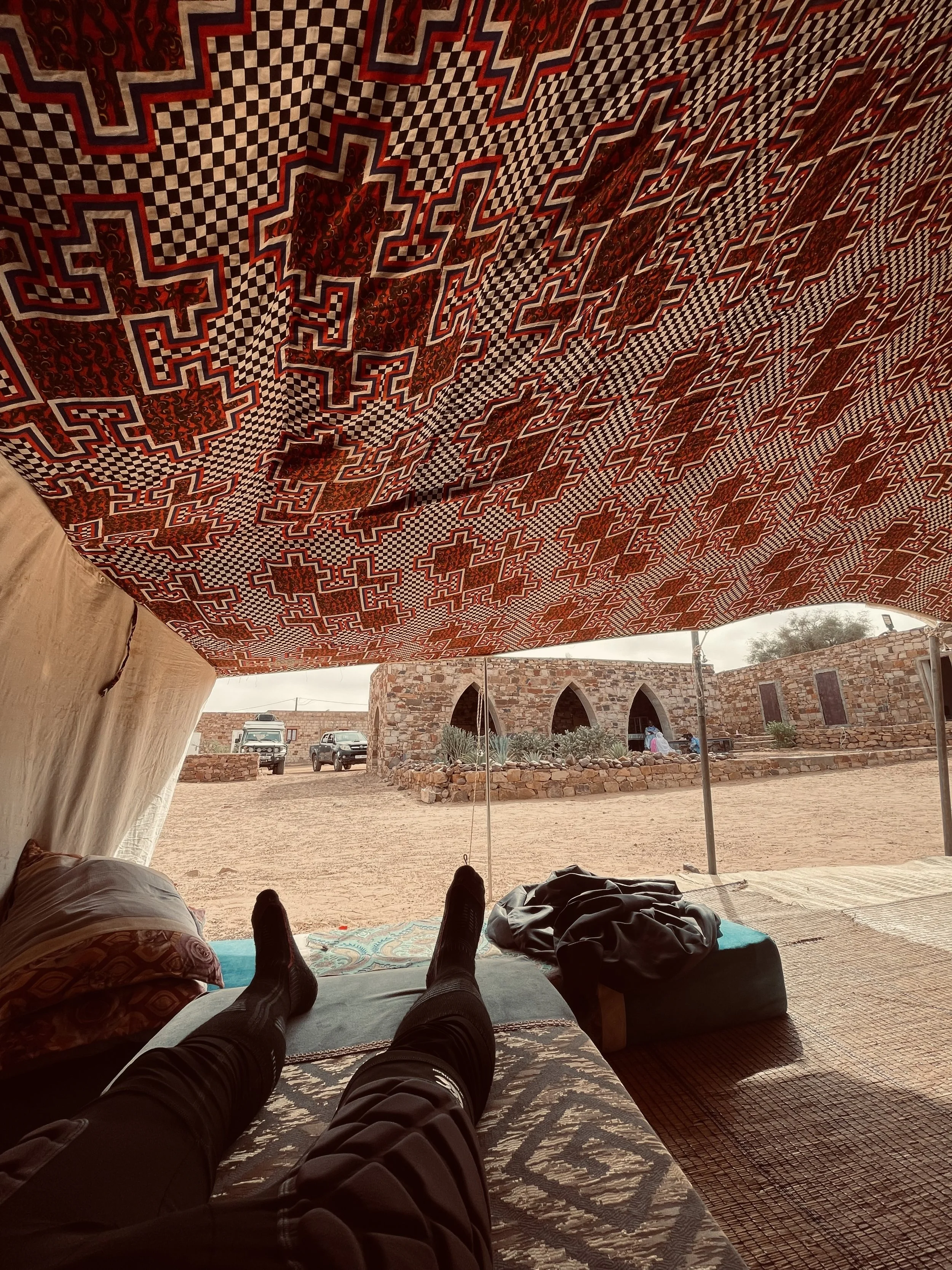 João Beltrão founder of Beyond T7nnis resting at Auberge Vasque chez Zaida in Ouadane