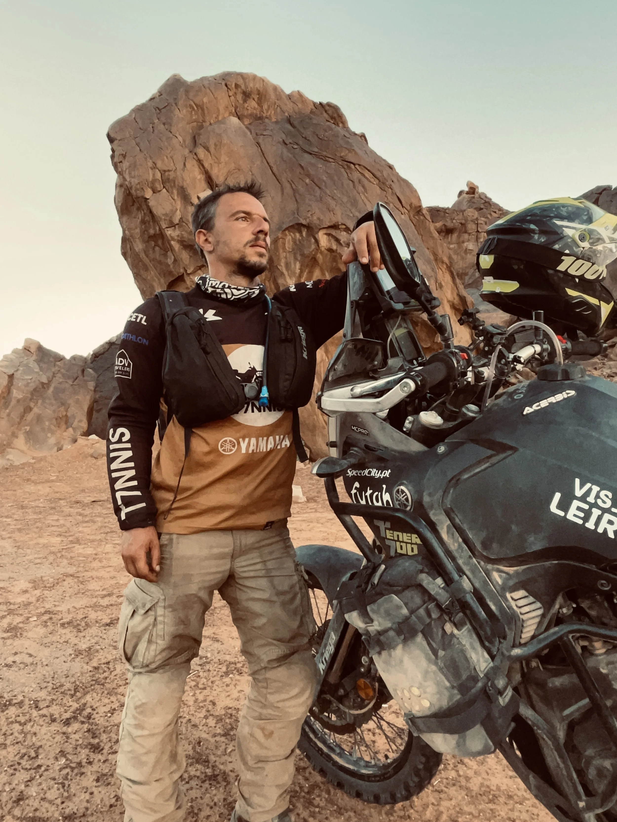 João Beltrão founder of Beyond T7nnis with his Yamaha Ténére 700 motorcycle in Mauritania
