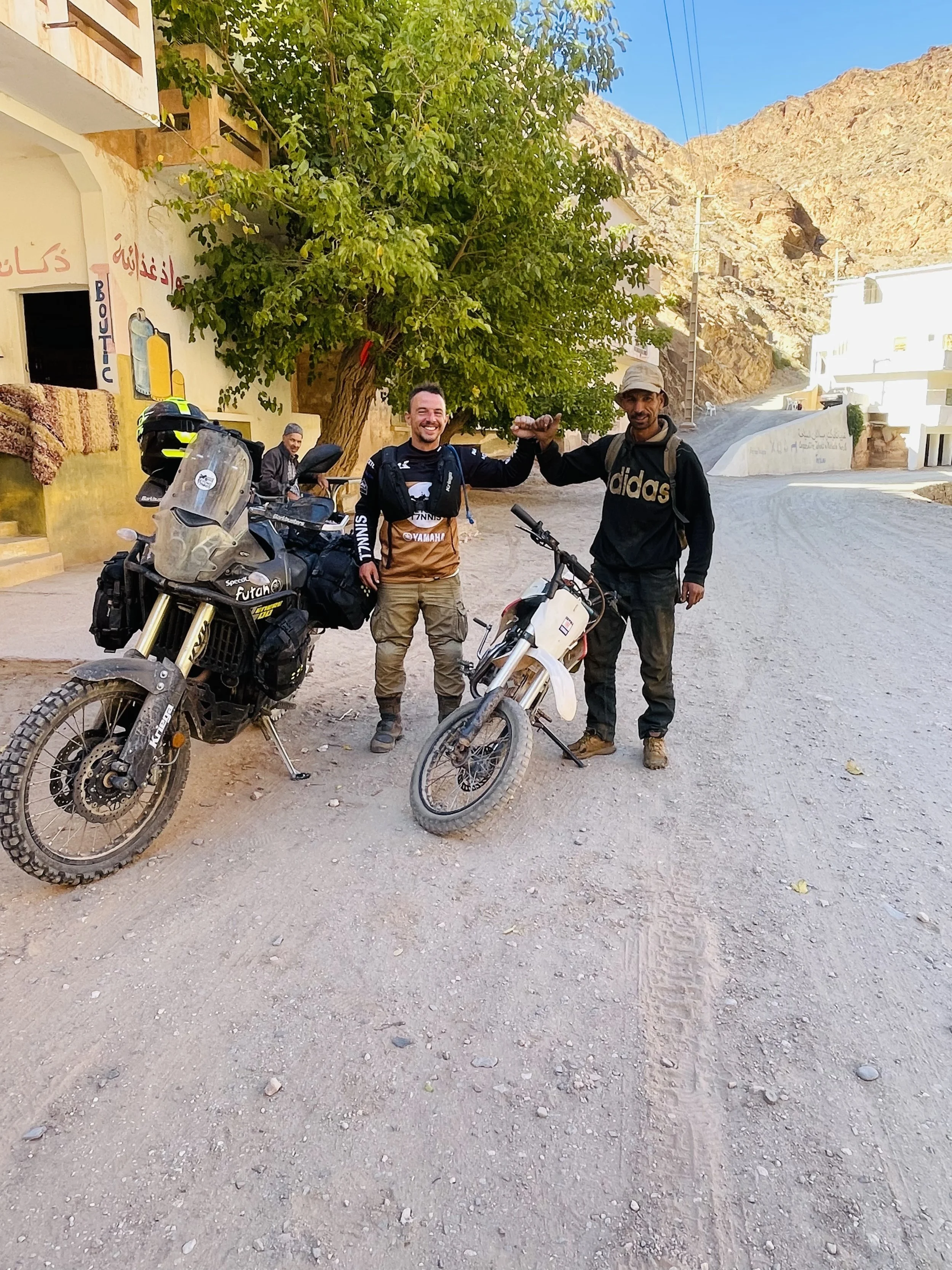 João Beltrão founder of Beyond T7nnis with his Yamaha Ténére 700 motorcycle in Morocco during a Beyond T7nnis mission