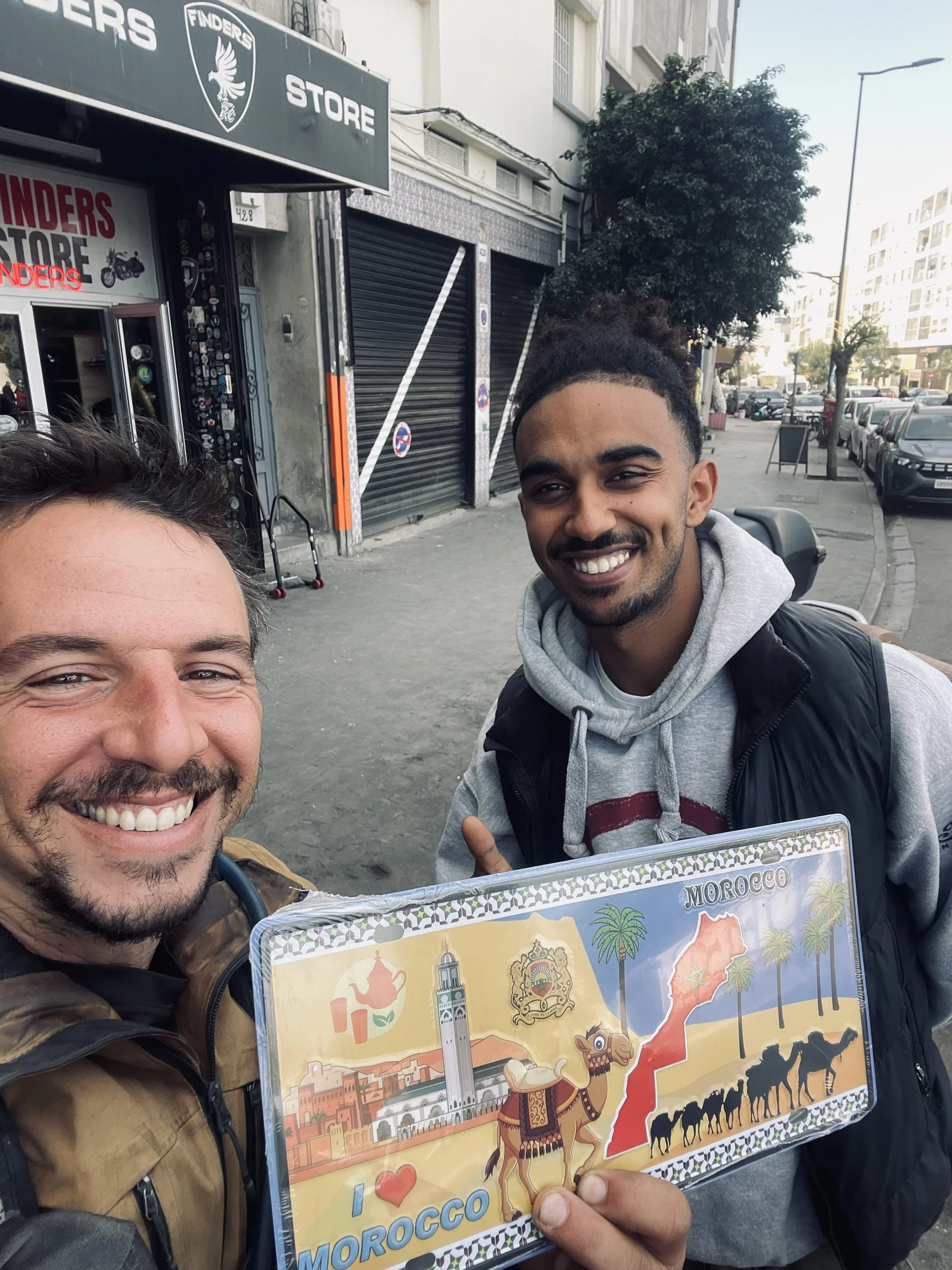 João Beltrão founder of Beyond T7nnis with a friend from Finders Motorcycle Club in Casablanca
