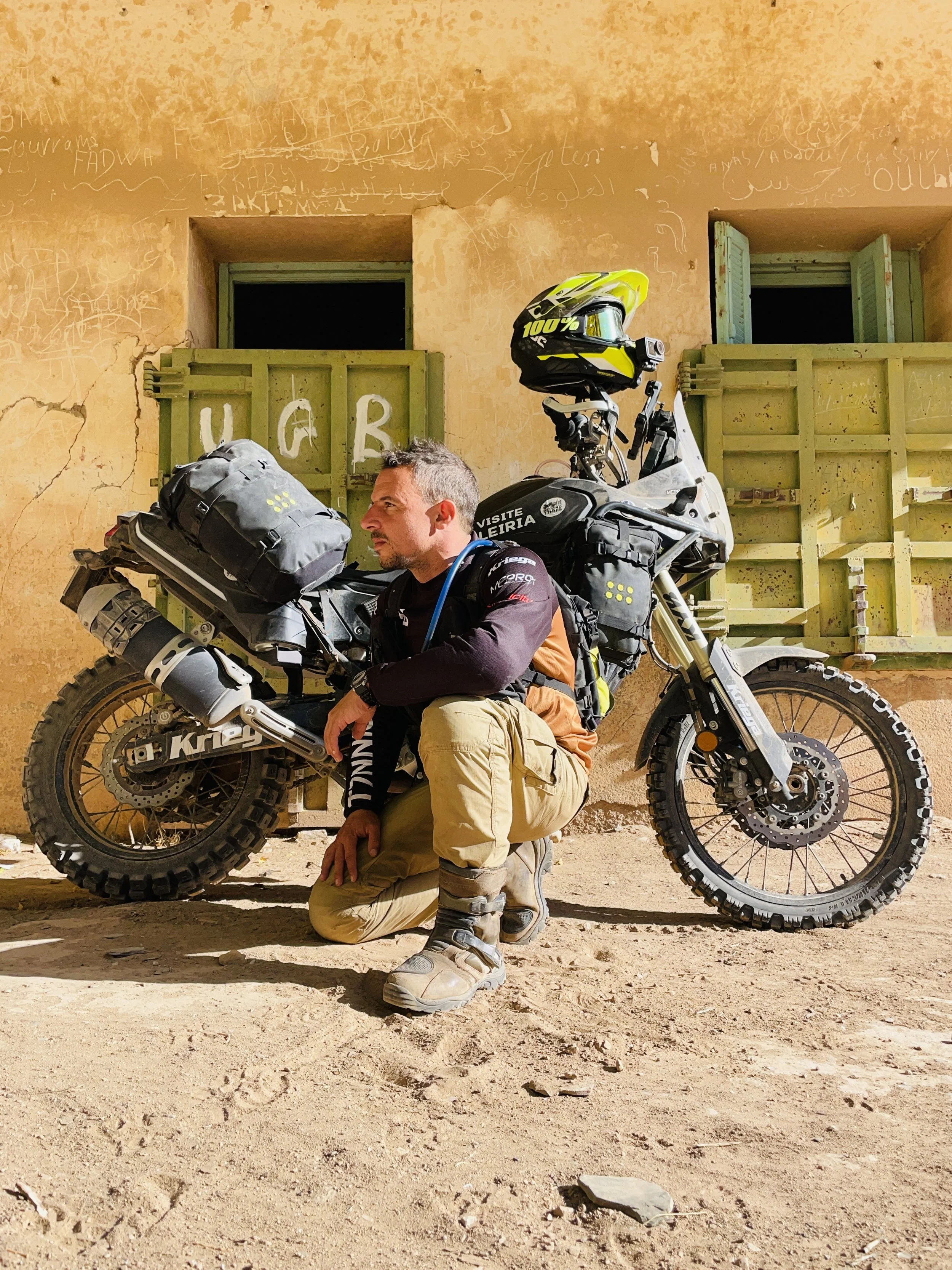 João Beltrão founder of Beyond T7nnis with his Yamaha Ténére 700 motorcycle in Morocco during a Beyond T7nnis mission
