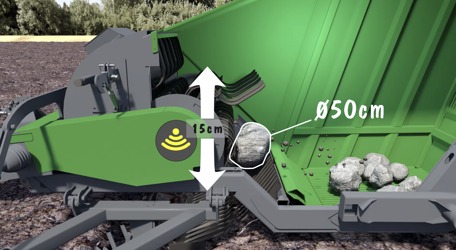 Kivi Pekka Flex Drum lifts 15cm to allow bigger rocks from 35cm diameter to 50cm diameter to be picked up