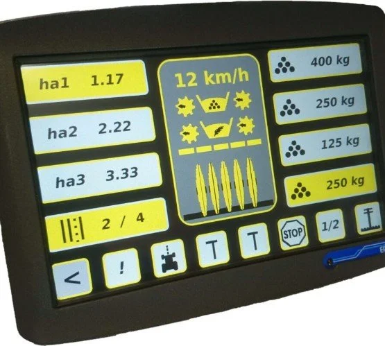 Digital agricultural machinery control panel displaying crop levels, soil sensor readings, and equipment controls.