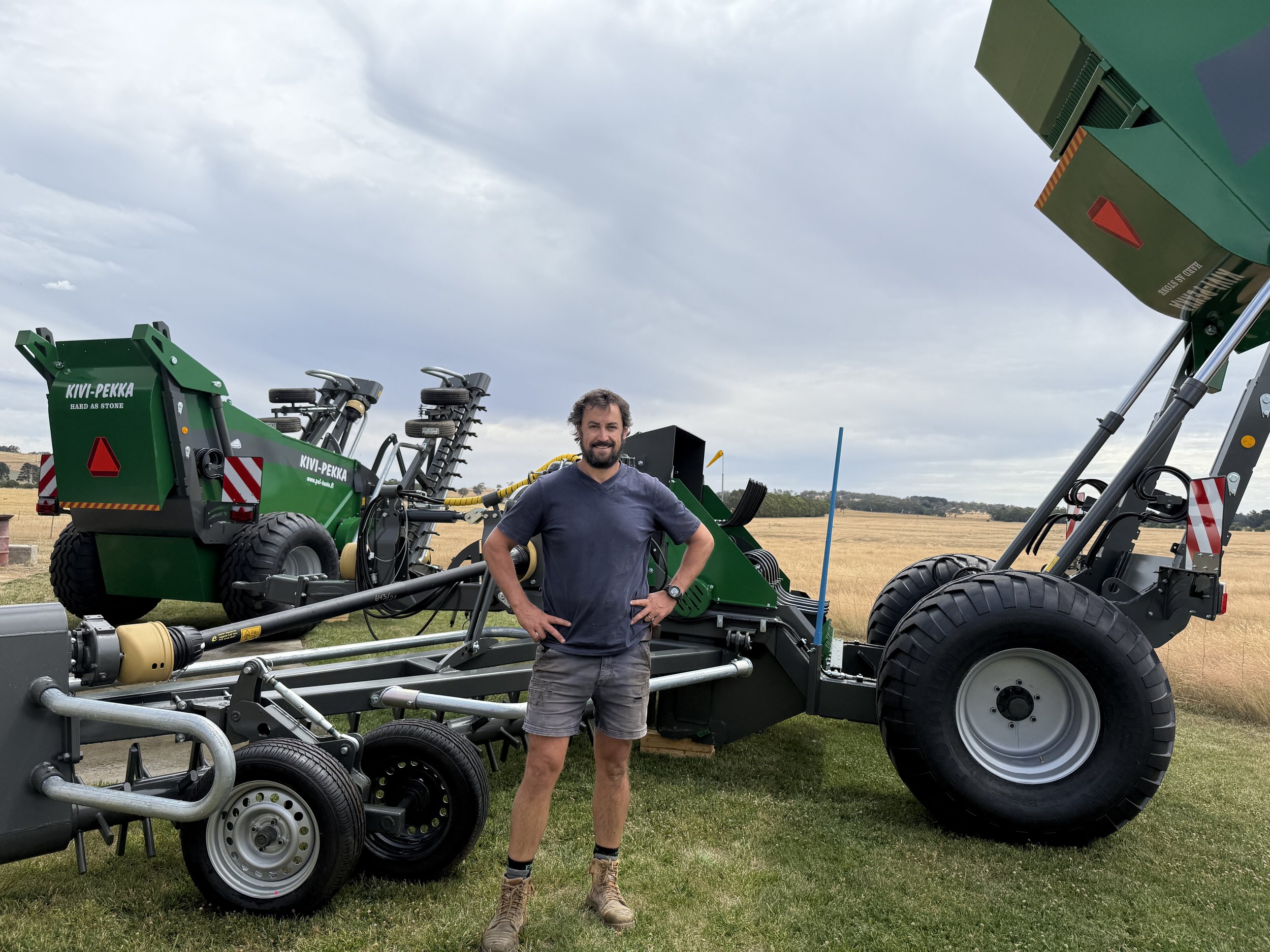 Will de Fegely in front of New Stone Pickers at Kivi-Pekka Australia premises.