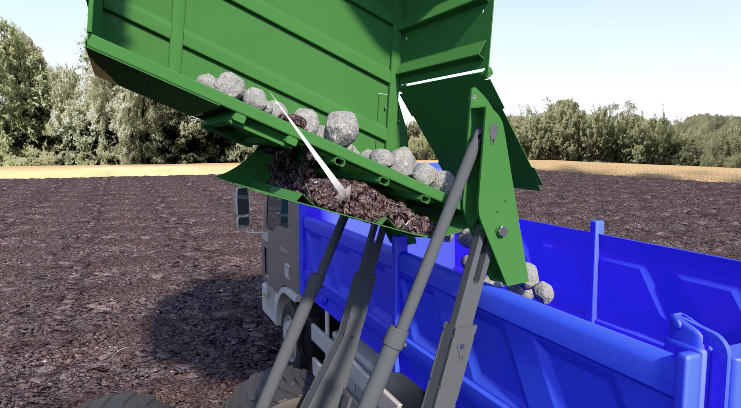 Kivi Pekka Tipping Rocks into Truck while collecting soil and dumping back into the paddock.  2.9m tipping height.