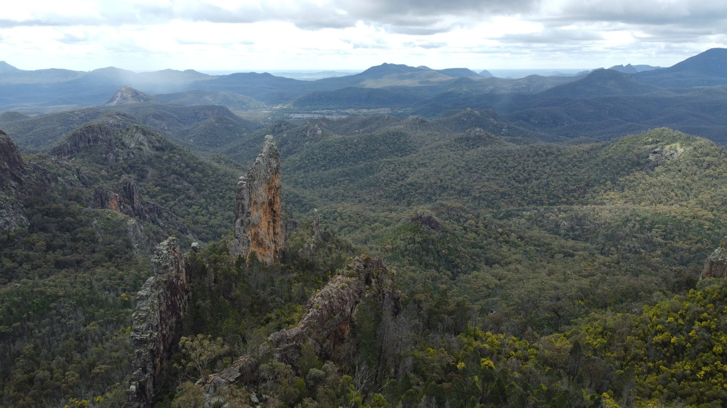 Panoramic view of a dense forest with rocky cliffs and mountain ranges in the background under a cloudy sky.