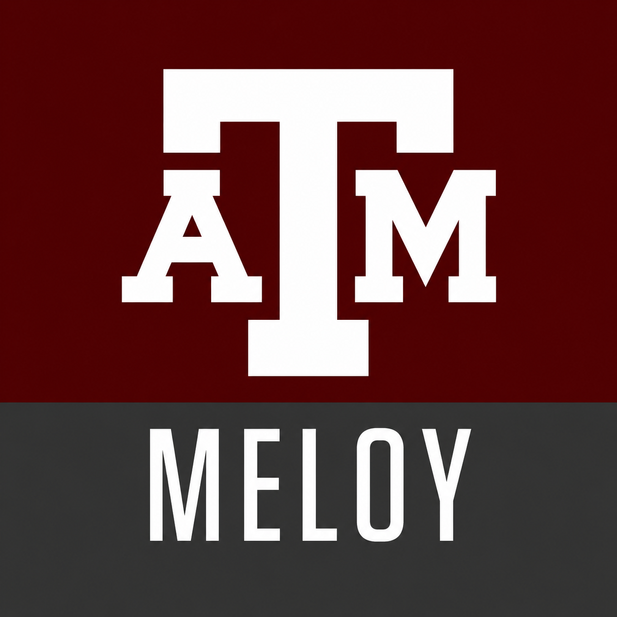 Texas A&M University Meloy logo with maroon background and white text