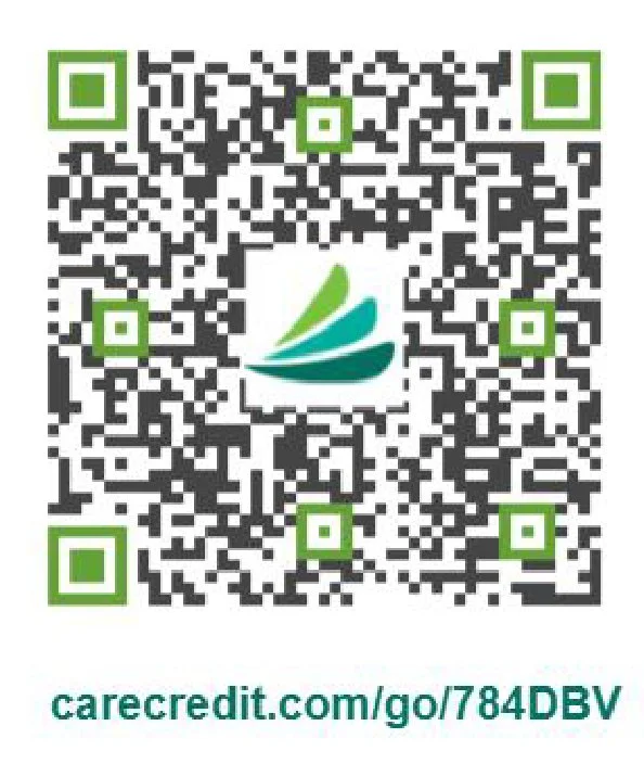 A QR code with a green and teal logo at its center and the URL carecredit.com/go/784DBV at the bottom.