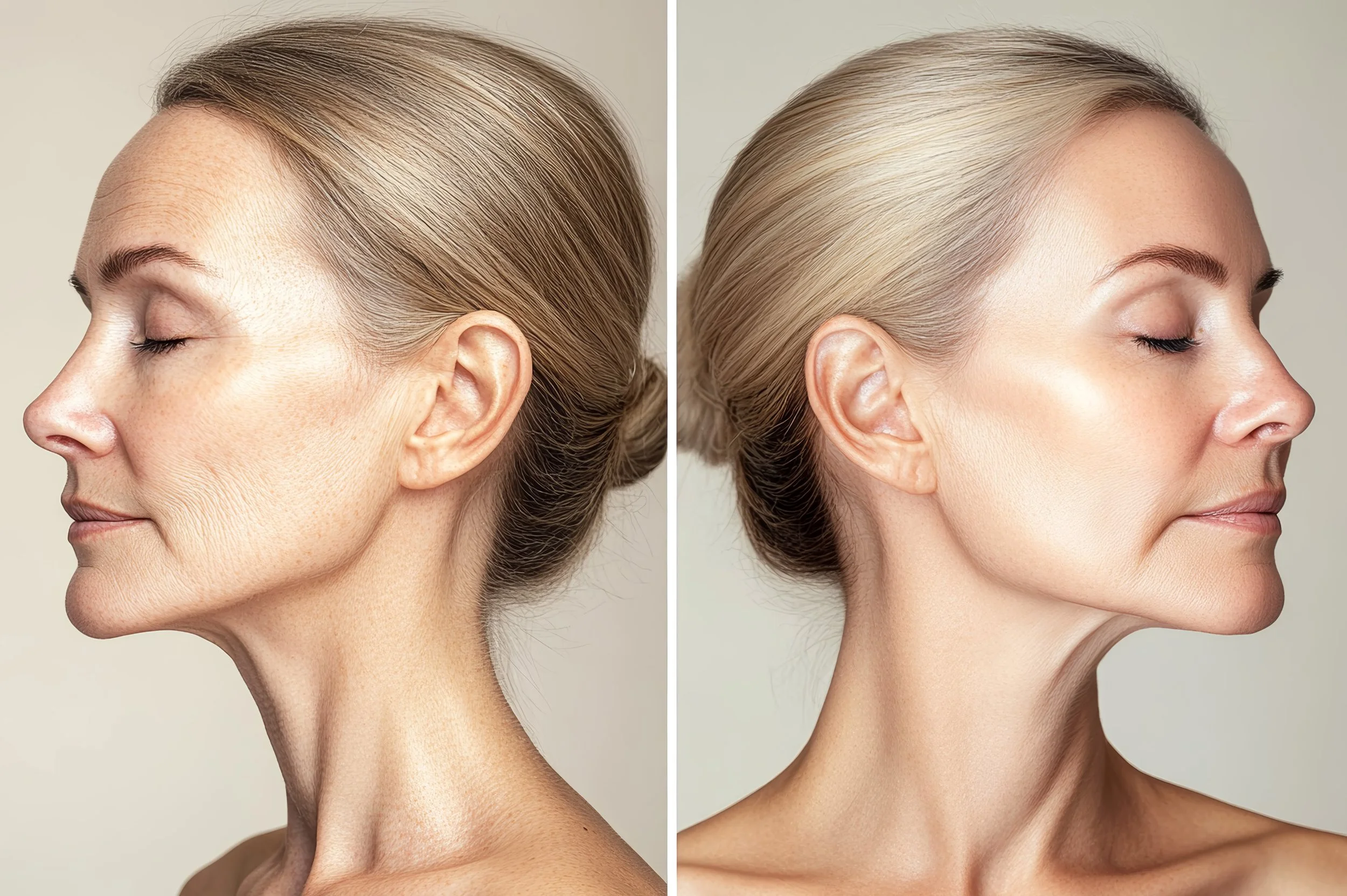 Side-by-side comparison of a woman's face before and after a cosmetic or skincare treatment, showing smoother skin and a more youthful appearance in the after photo.