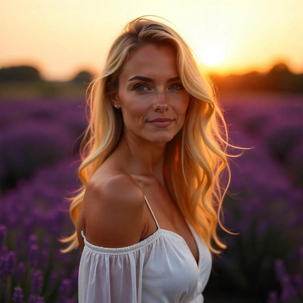 A woman with long blonde hair and blue eyes standing in a field of purple flowers at sunset, looking at the camera.