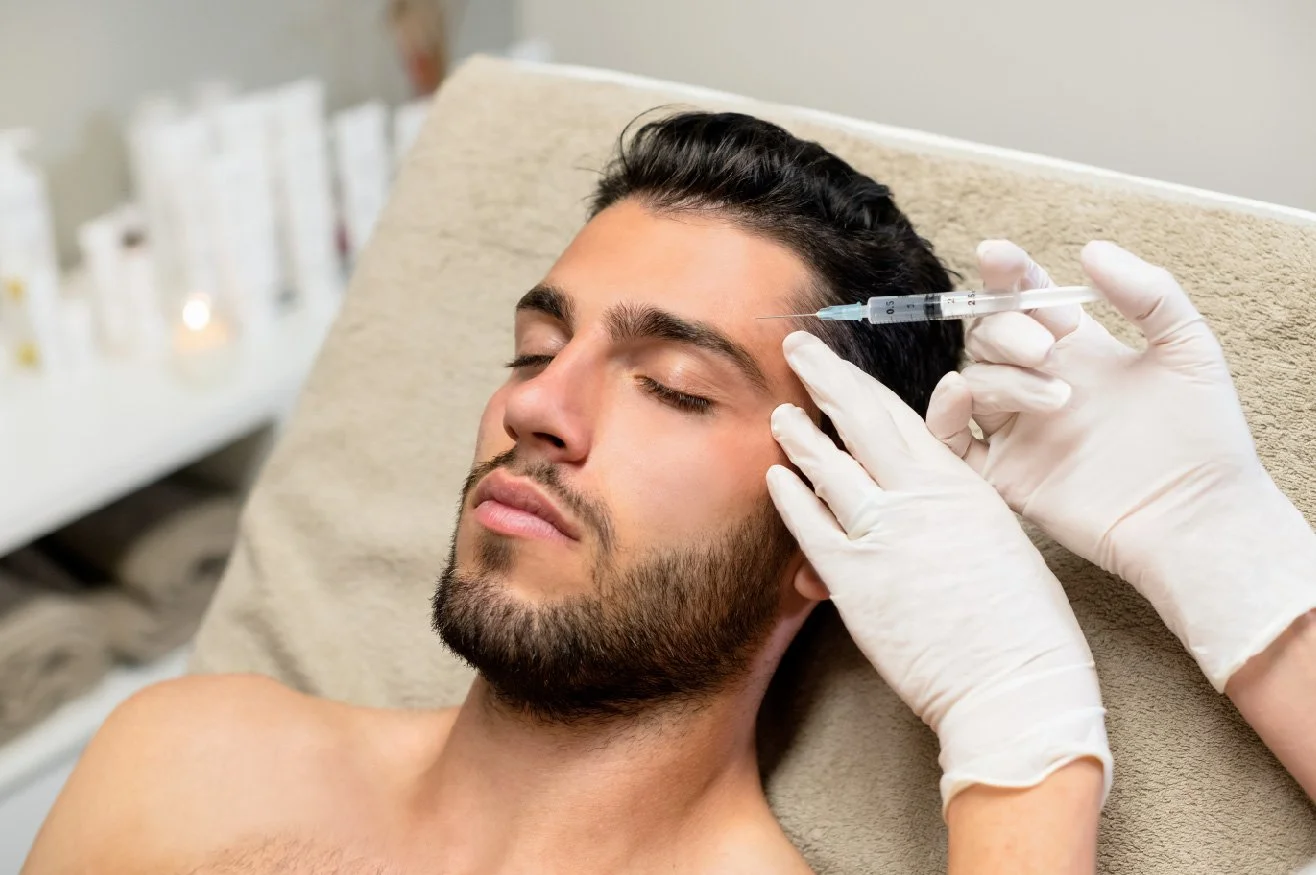 A man receiving an injection in his forehead while lying on a bed at a medical clinic.