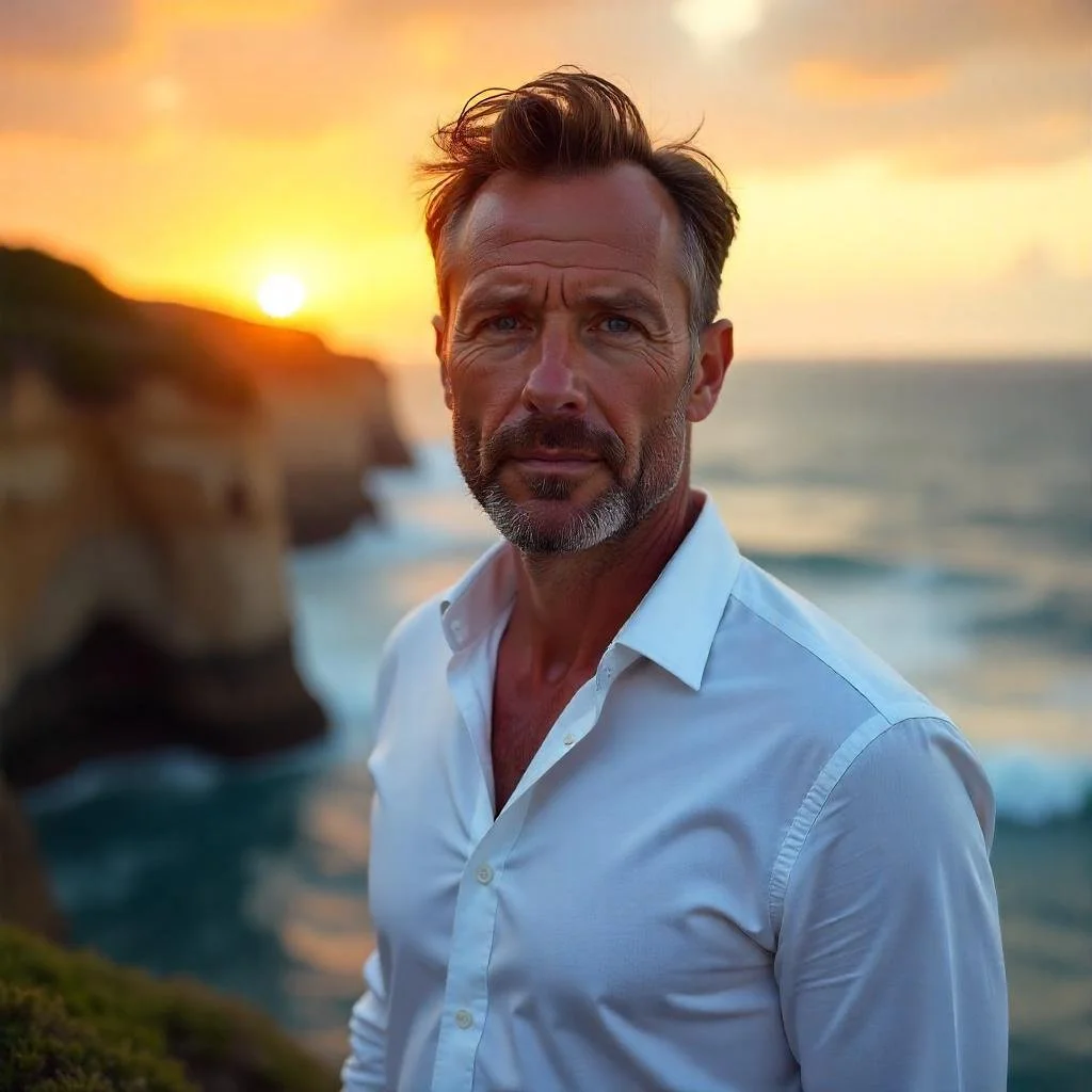 Handsome middle-aged man with salt-and-pepper hair and beard standing outdoors near the ocean at sunset, wearing a white button-up shirt.