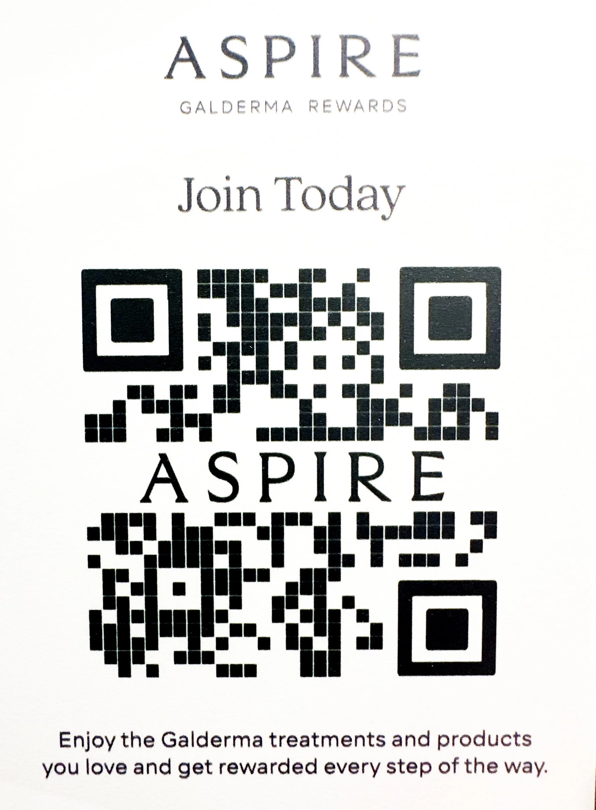 A promotional flyer for Aspire Galderma Rewards, encouraging people to join by scanning QR codes. The flyer contains the text "Join Today" and offers incentives related to Galderma treatments and products.