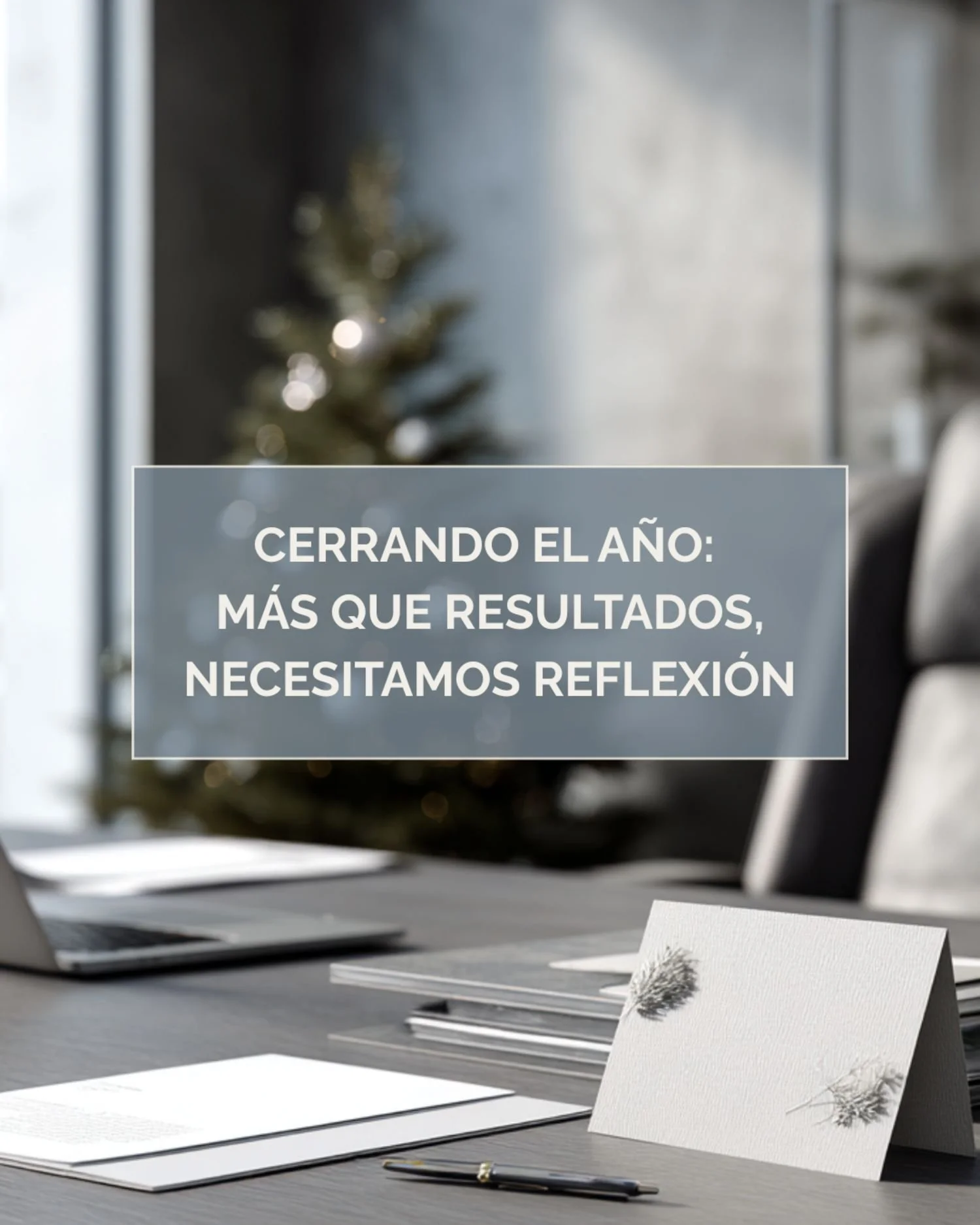 Mesa ejecutiva en oficina de recursos humanos con tarjeta navideña y laptop, representando una reflexión organizacional de cierre de año más allá de los resultados.