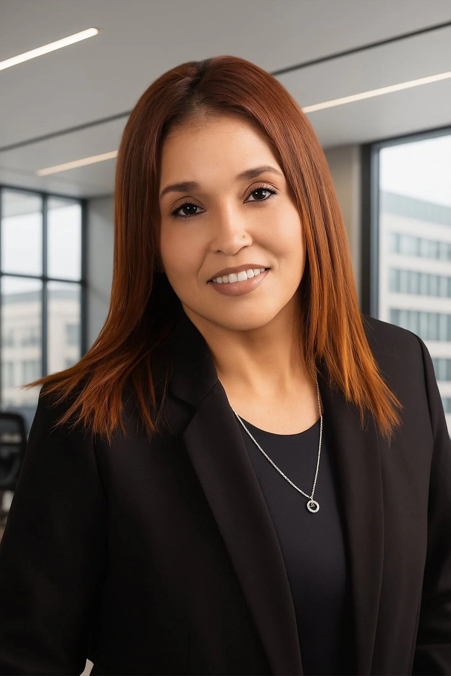 Tania Quiñones, fundadora de PWC, vestida con blusa negra y blazer negro en oficina moderna con ventanas grandes y vista urbana.