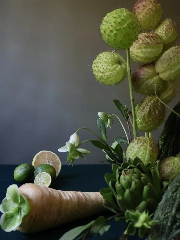 A still life composition featuring a large carrot, limes, a sliced lemon, white flowers, and various green plants against a dark backdrop.