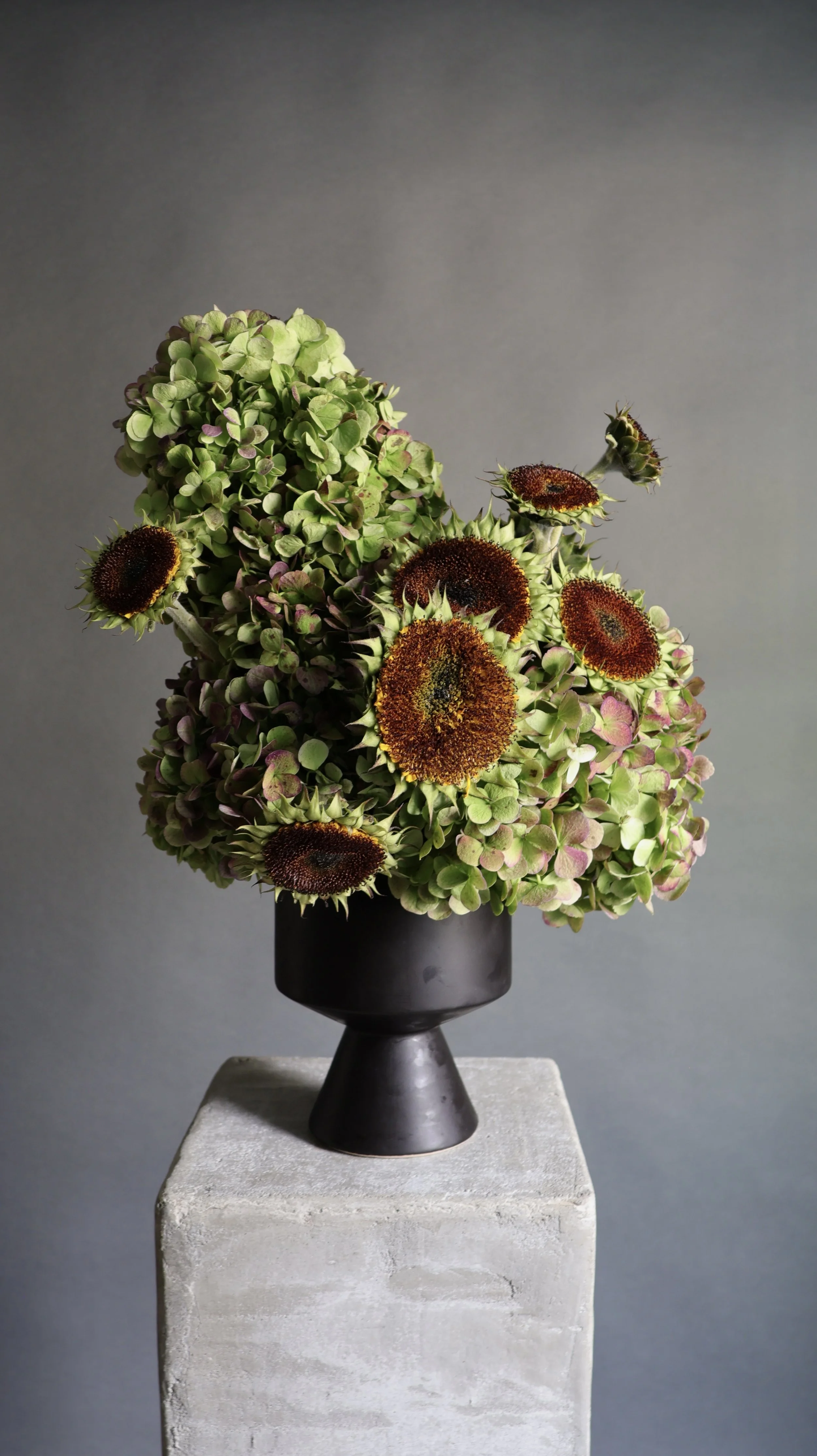 A flower arrangement of hydrangeas with green and purple petals and sunflowers with brown centers in a black vase, placed on a concrete pedestal against a neutral gray background.