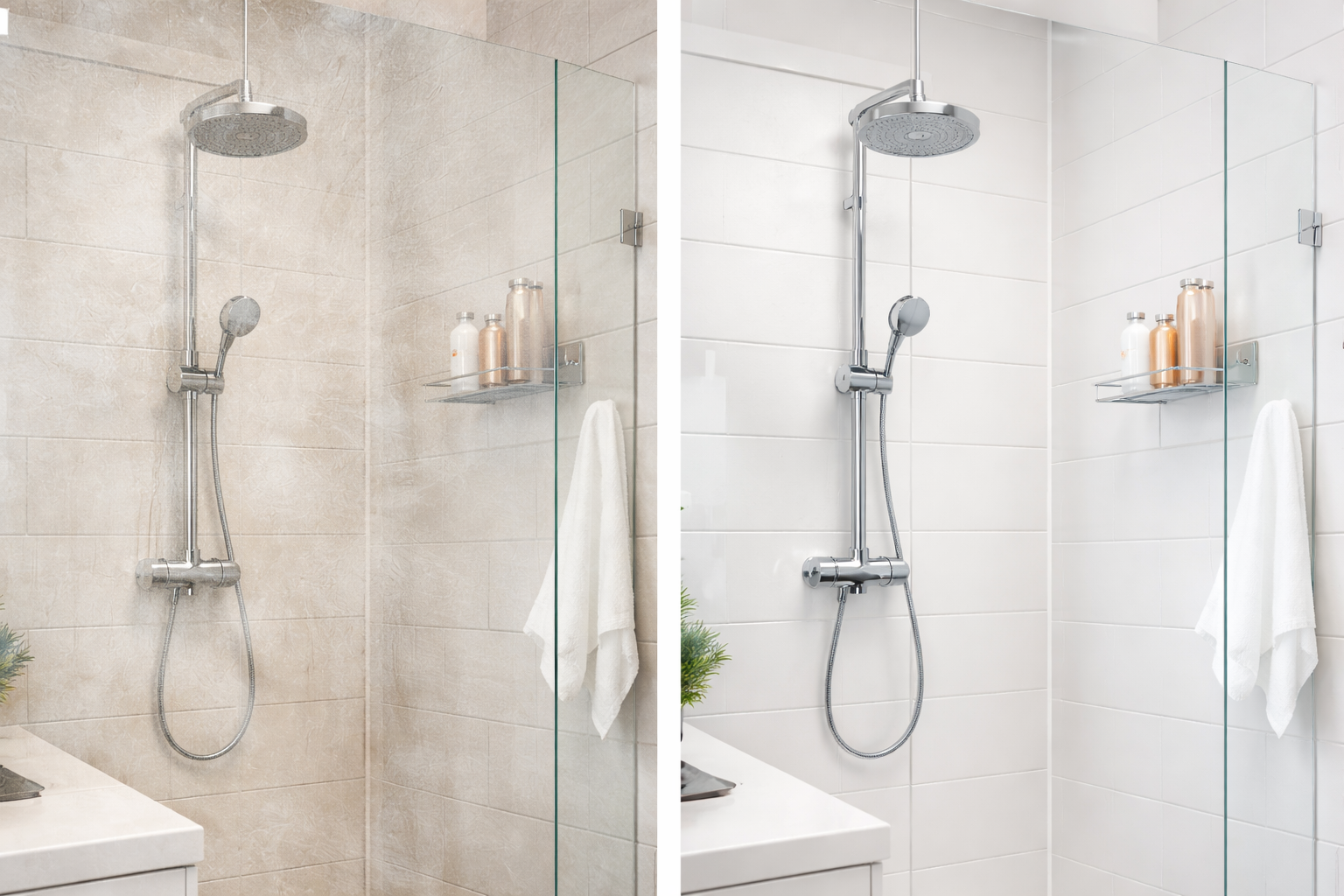 Side-by-side comparison of a bathroom shower with beige tiles on the left and white tiles on the right. Both have a chrome showerhead, a handheld shower attachment, and a small shelf with toiletries. A white towel hangs on a hook.