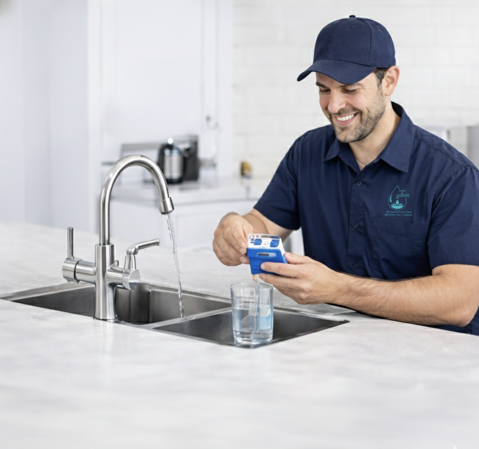 Man in navy uniform filling a water testing kit at kitchen sink