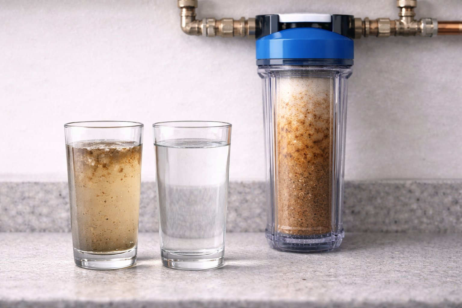 Reverse osmosis water filtration system with two glasses of water, one with dirty water and one with clean water.