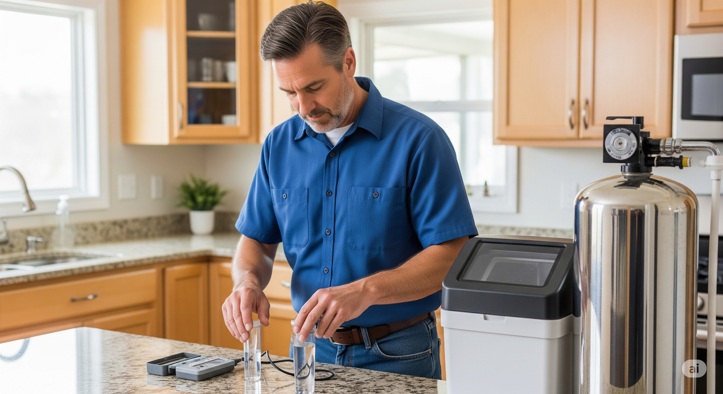 A man in a blue shirt conducting a water quality test in a kitchen using testing equipment with test tubes and electronic device.