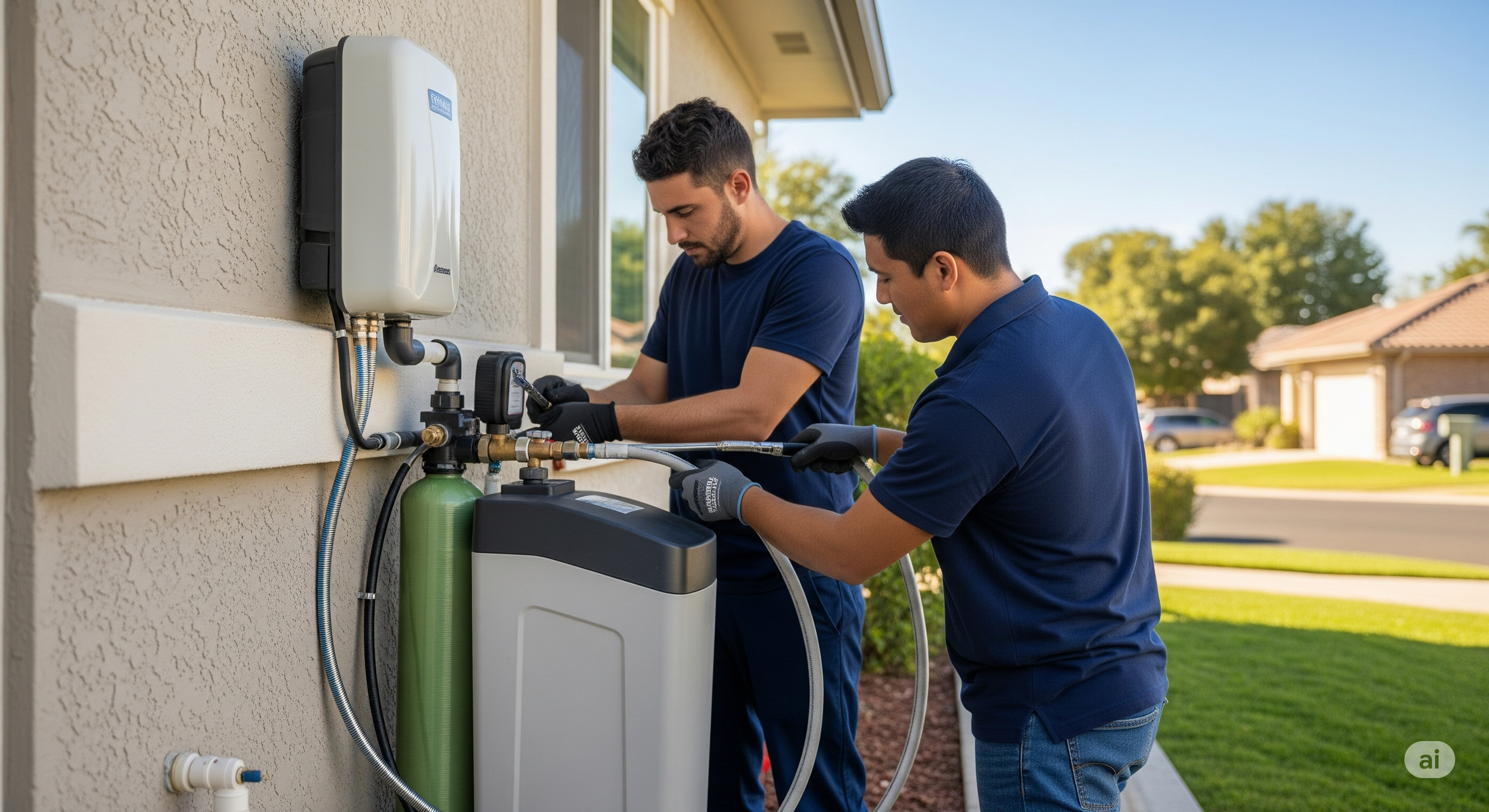 Two technicians working on a home water filtration system outside a house on a sunny day.