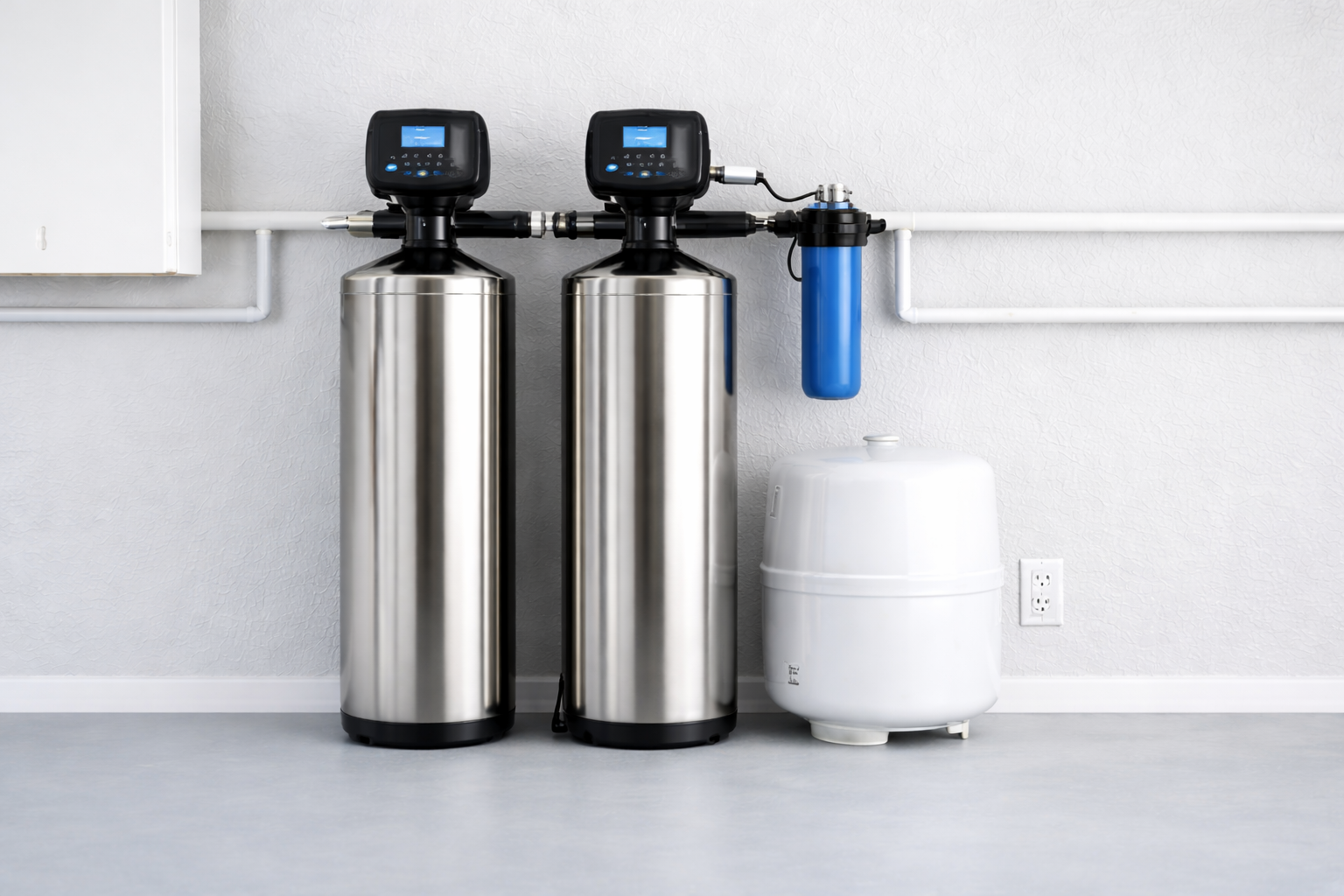 Water filtration system with two stainless steel tanks, a blue filter component, and a small white tank against a white wall with electrical outlet.