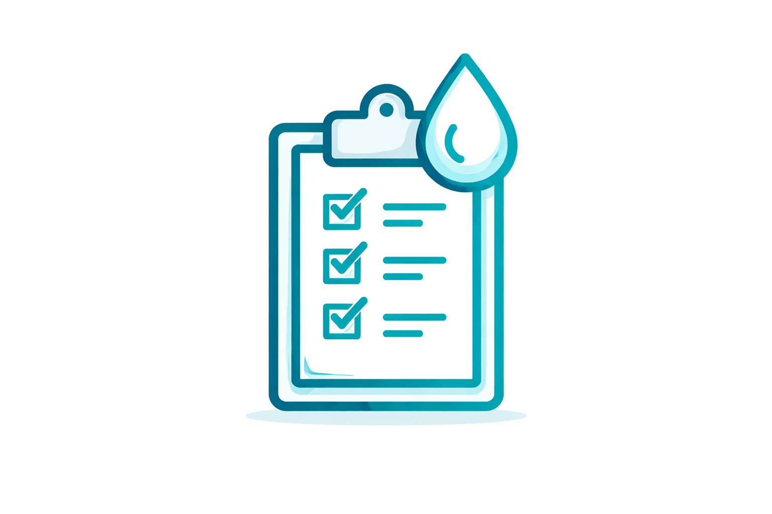 A clipboard with a checklist of three items, each with a checkmark, and a droplet symbol at the top right corner.