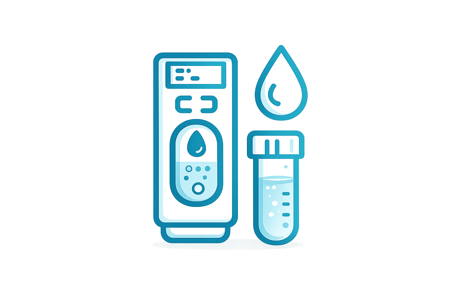 Illustration of medical equipment including a glucose meter, test strip, and vial, with a large water droplet symbol on the devices.