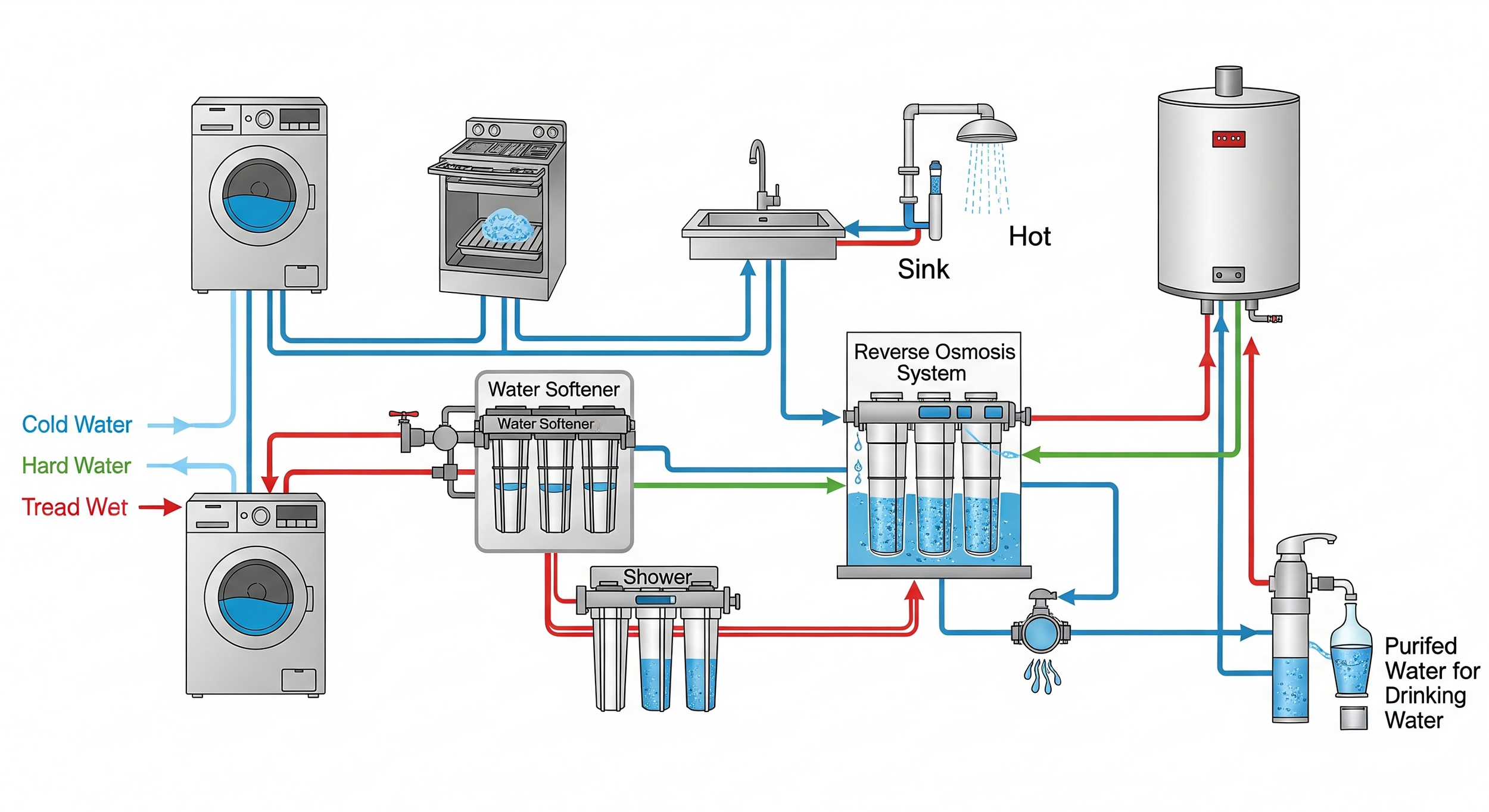Diagram of a home water filtration system showing cold water, hard water, and tread wet water flow into water softener, then into reverse osmosis system, with outlets for purified drinking water, hot water, shower, sink, washing machine, stove, and water heater.