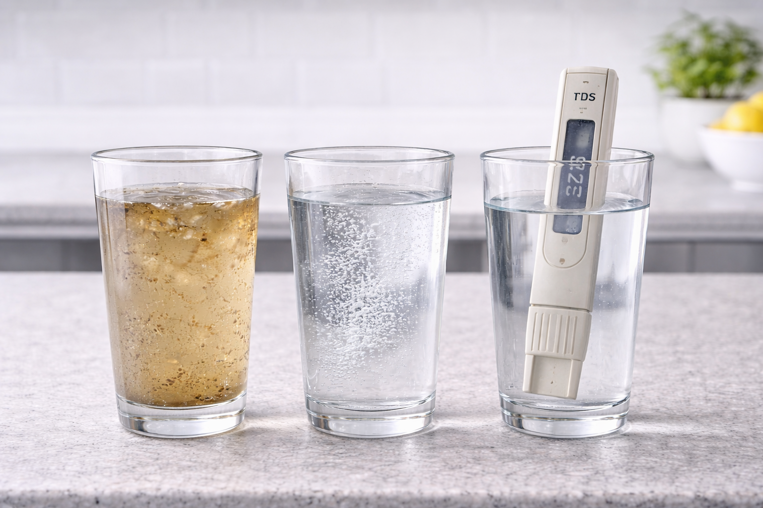 Three glasses of water with a thermometer in the right glass on a kitchen countertop.