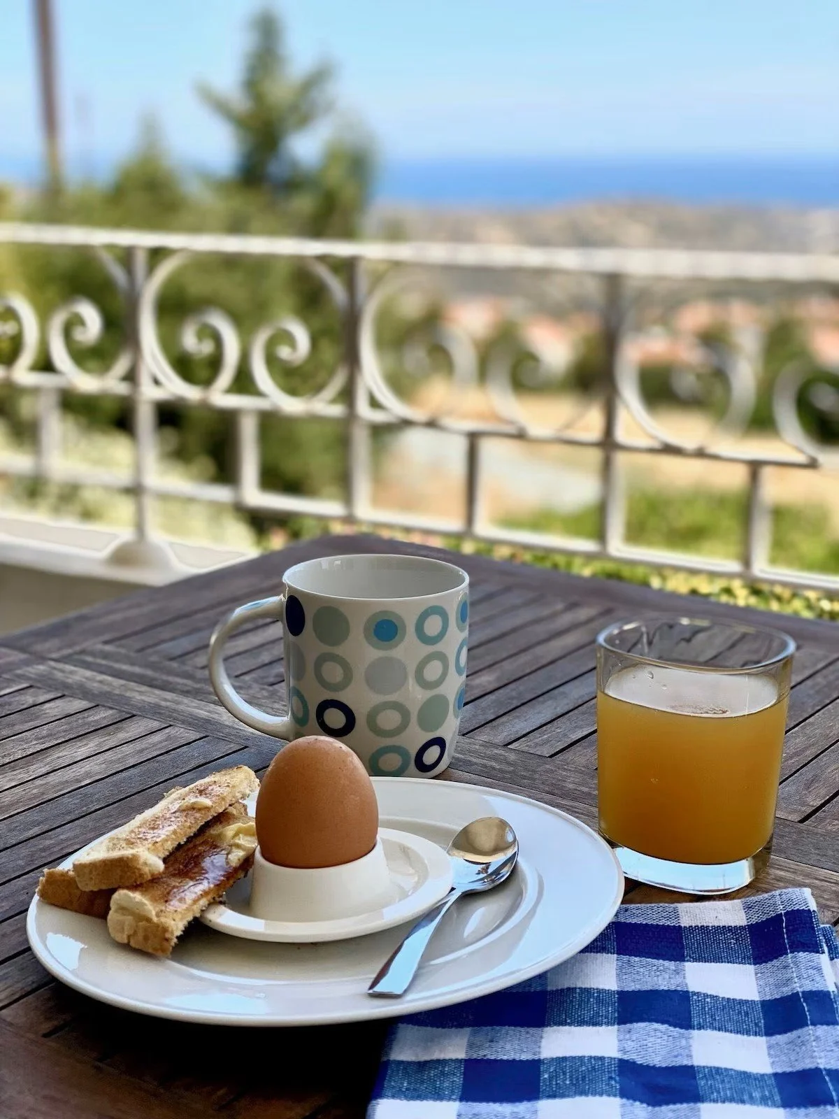 Breakfast on wooden table with a soft-boiled egg in an egg cup, a cookie sandwich, a cup of coffee with a polka dot pattern, a glass of orange juice, and a blue and white checkered napkin, overlooking a scenic outdoor view of trees, rooftops, and the