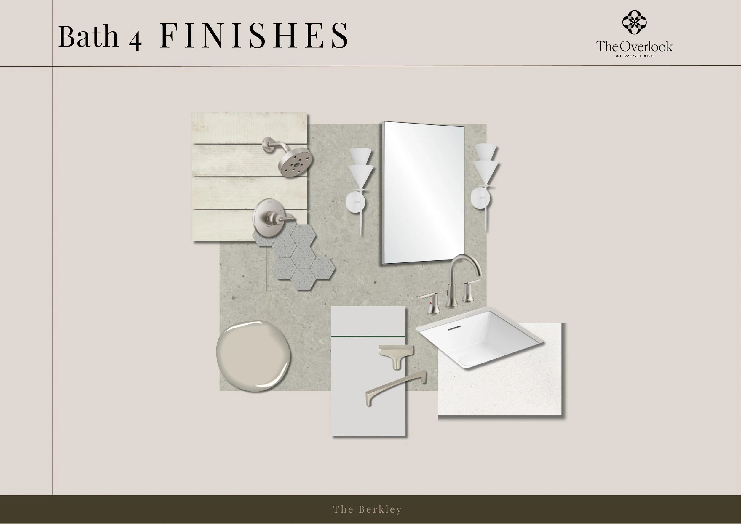 A bathroom decor sample with a shower head, faucet, mirror, white wall sconces, hexagon tiles, a sink, and bathroom accessories, all in a neutral color palette.